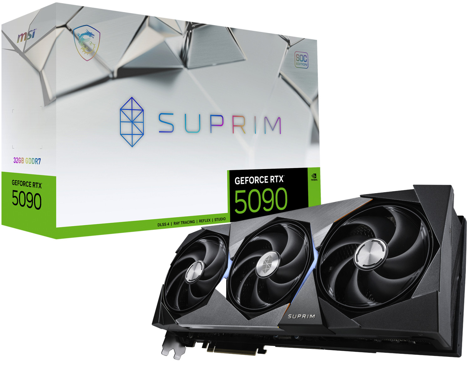 MSI Suprim graphics card box and card itself. Three fans, black and silver design. White background.