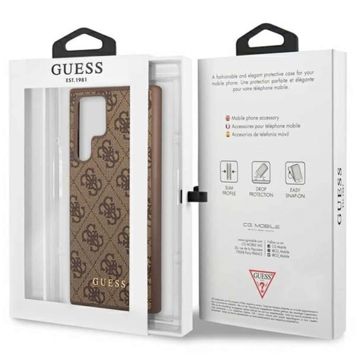 Scatola della custodia per telefono Guess. La custodia è marrone con un logo. La scatola è bianca.