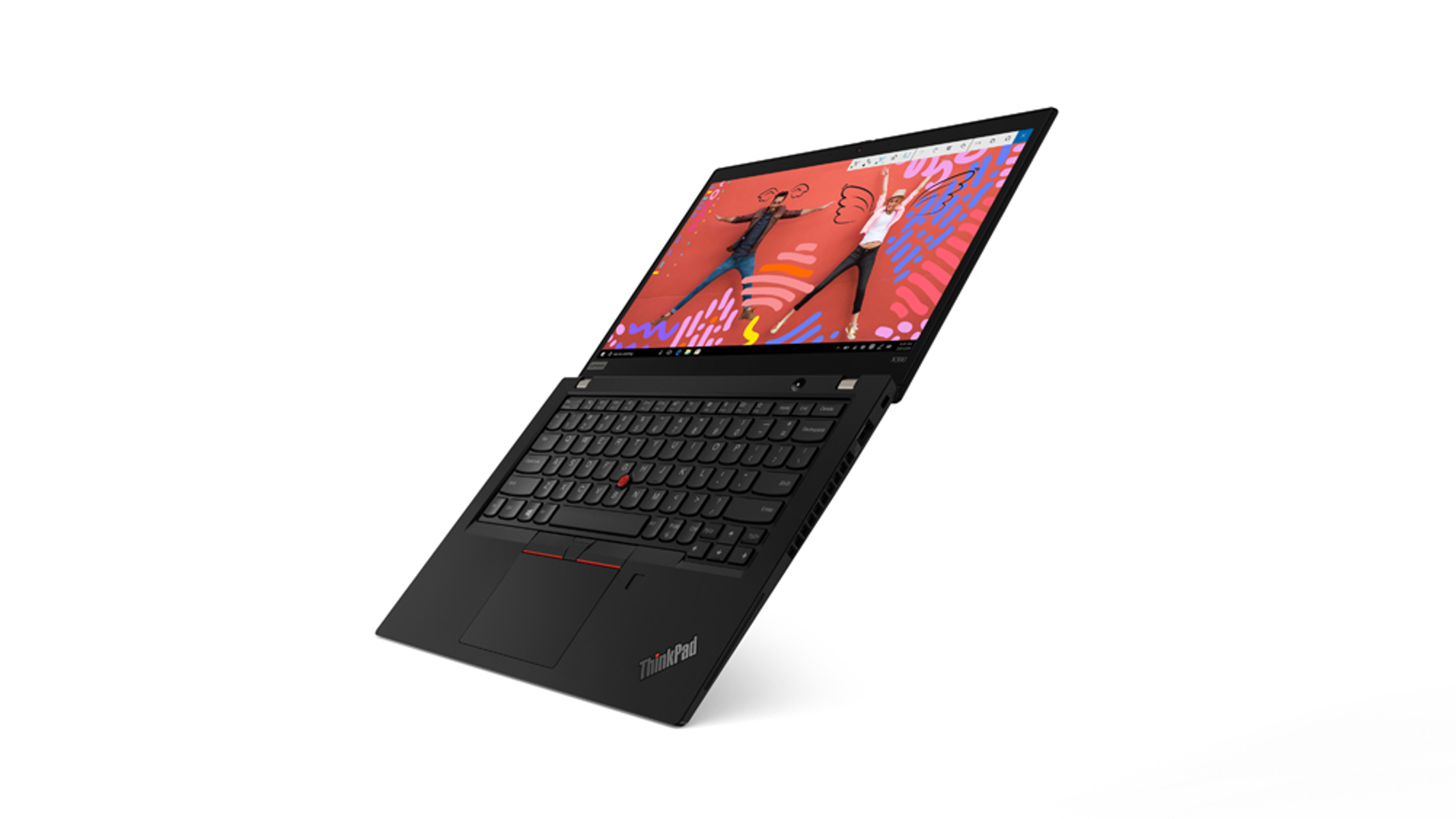 Schwarzer ThinkPad-Laptop, im Winkel geöffnet. Zeigt einen Bildschirm mit zwei Personen. Tastatur sichtbar.
