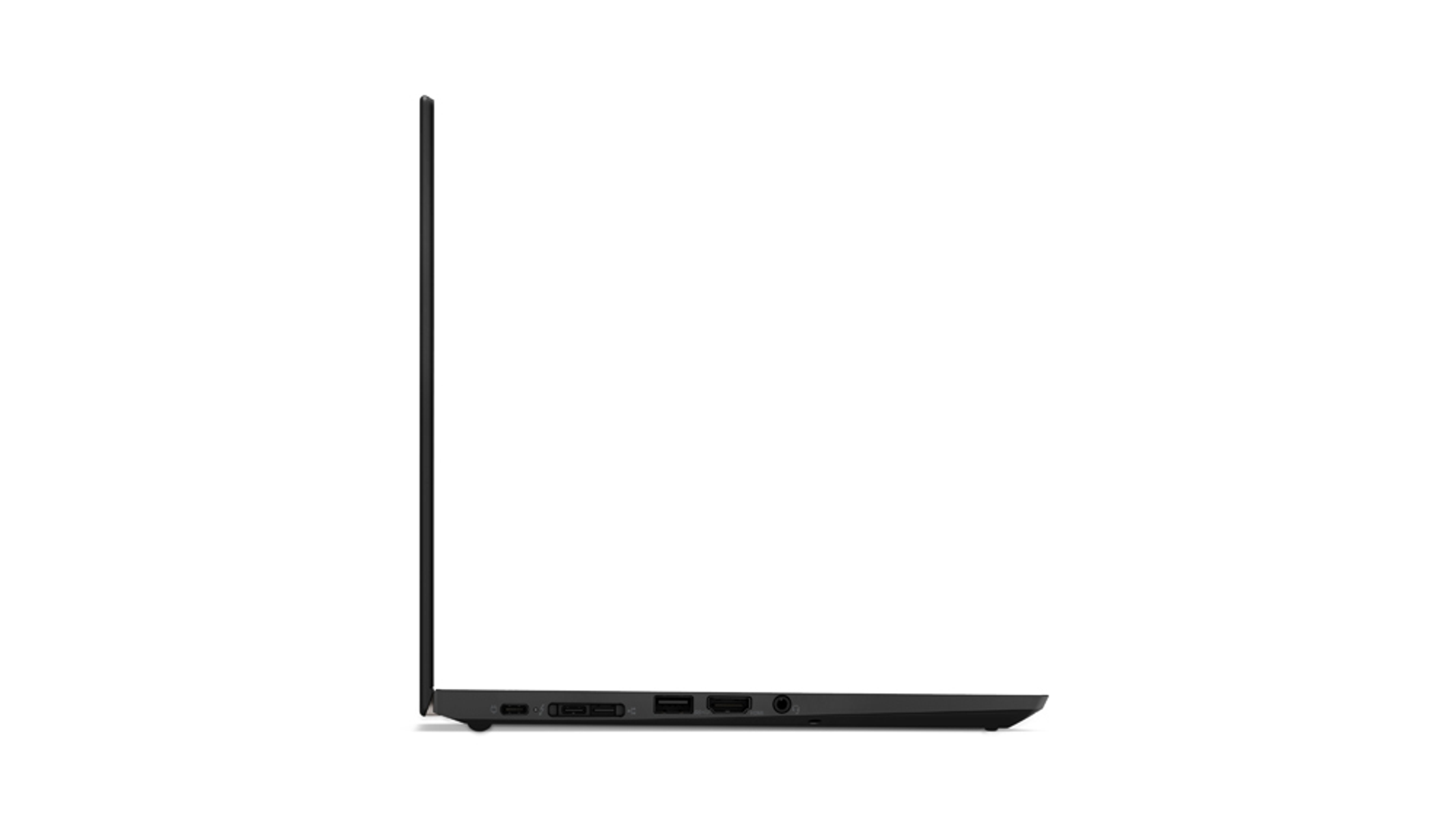 Schwarzer Laptop, Seitenansicht, Anschlüsse sichtbar. Weißer Hintergrund.