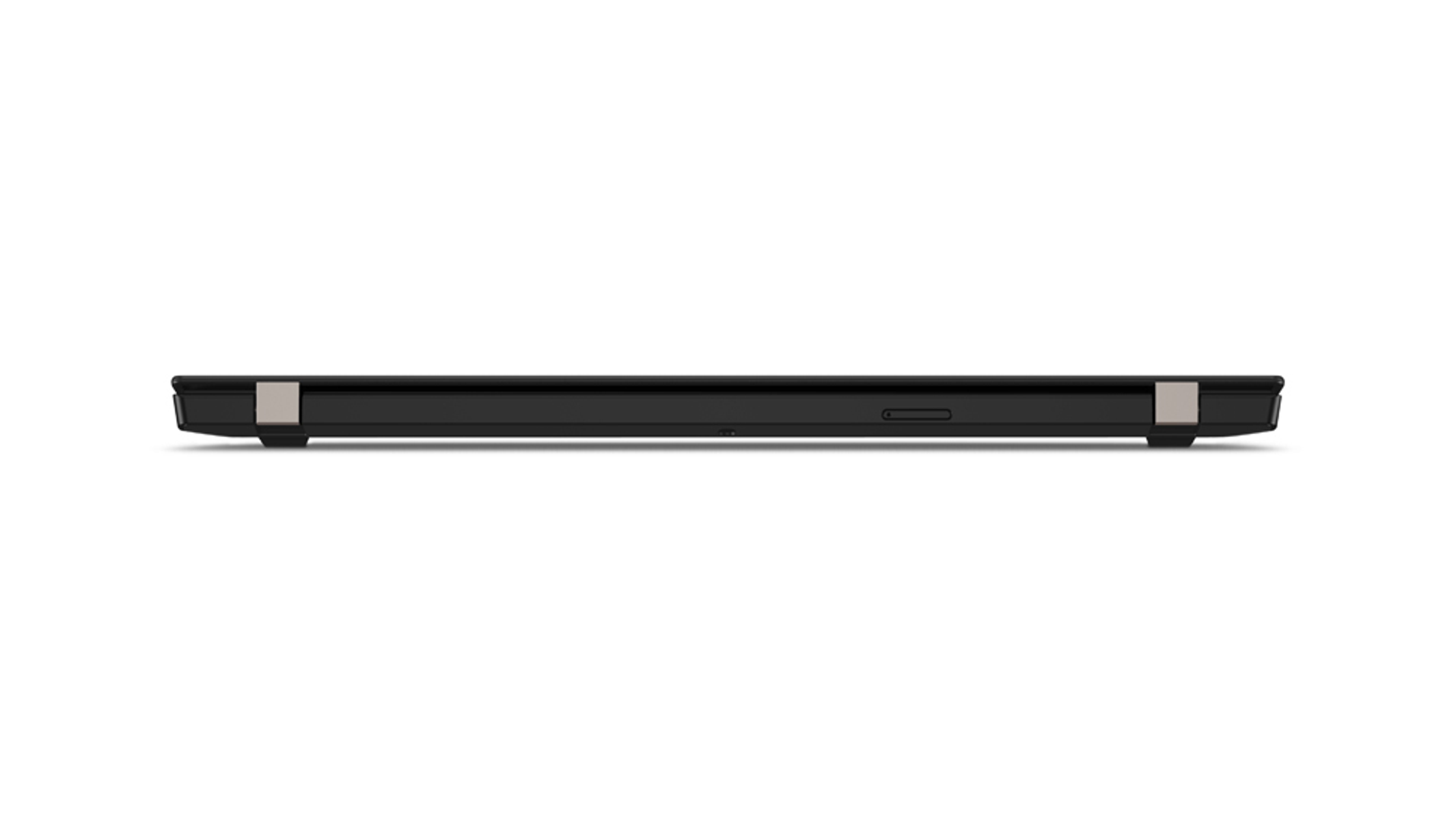 Schwarzer Lenovo Laptop, Seitenansicht, zeigt die Schlankheit des geschlossenen Geräts.
