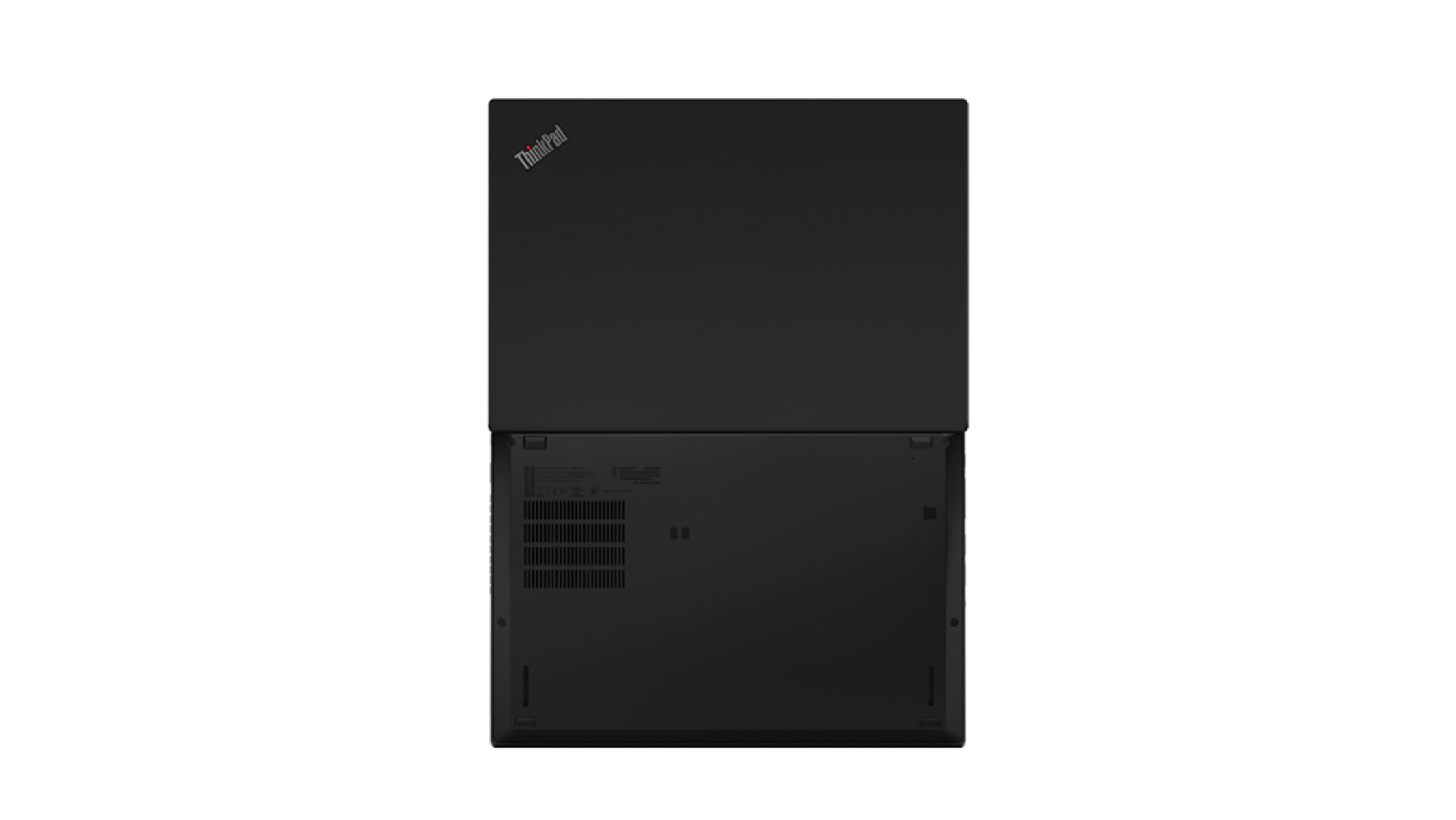 Schwarzer ThinkPad Laptop, geöffnet, zeigt Bildschirm und Unterseite.