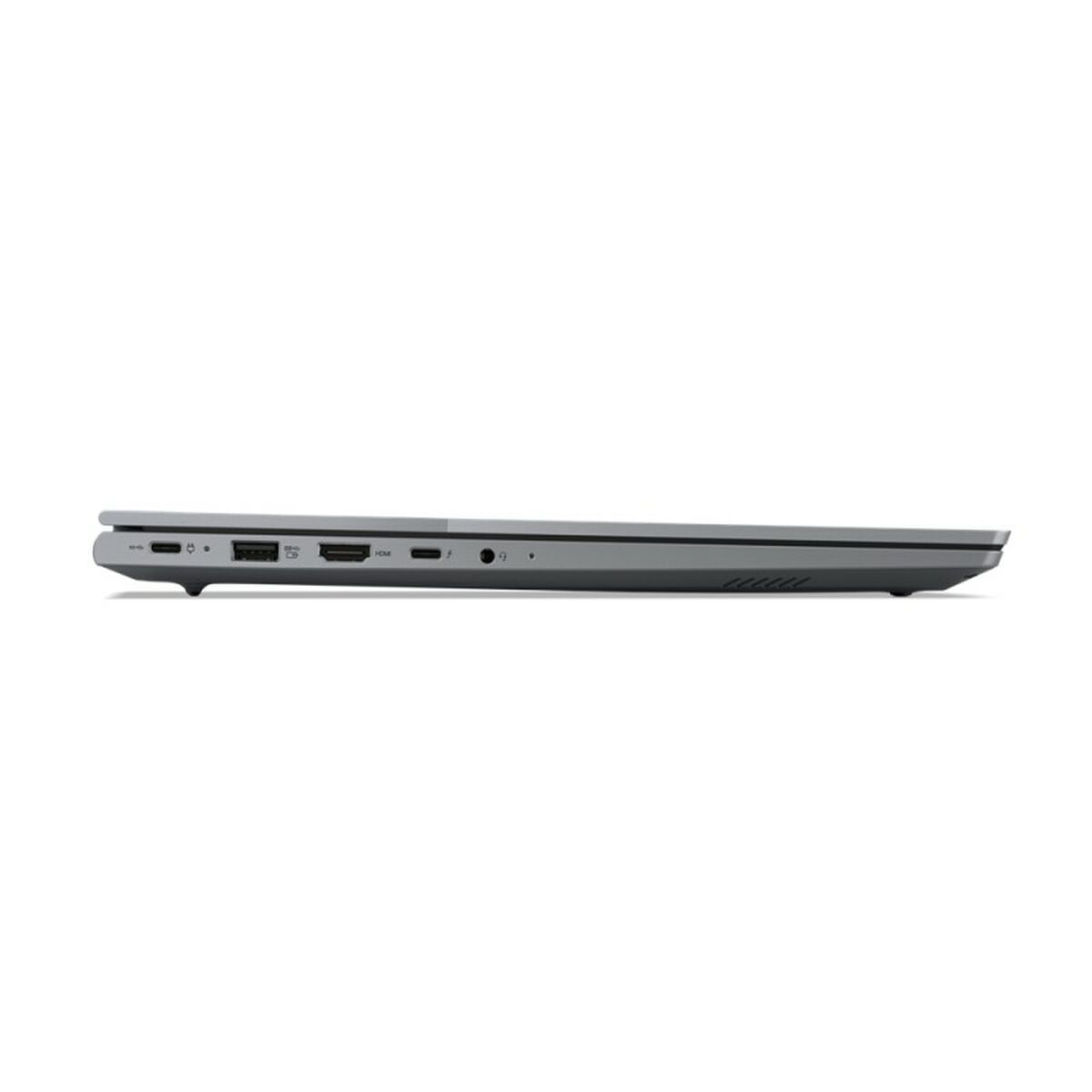 Laptop Lenovo gris, vista lateral, mostrando puertos y diseño delgado.