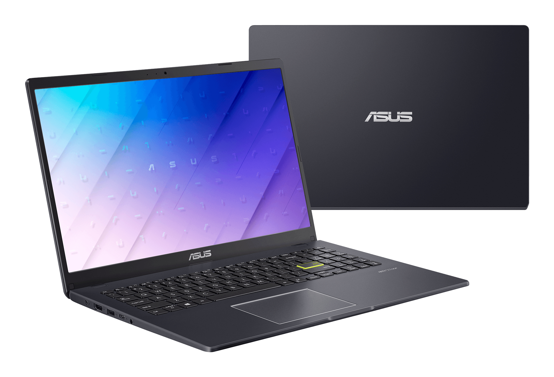 Laptop ASUS nero aperto. Lo schermo mostra uno sfondo colorato. Sfondo bianco.