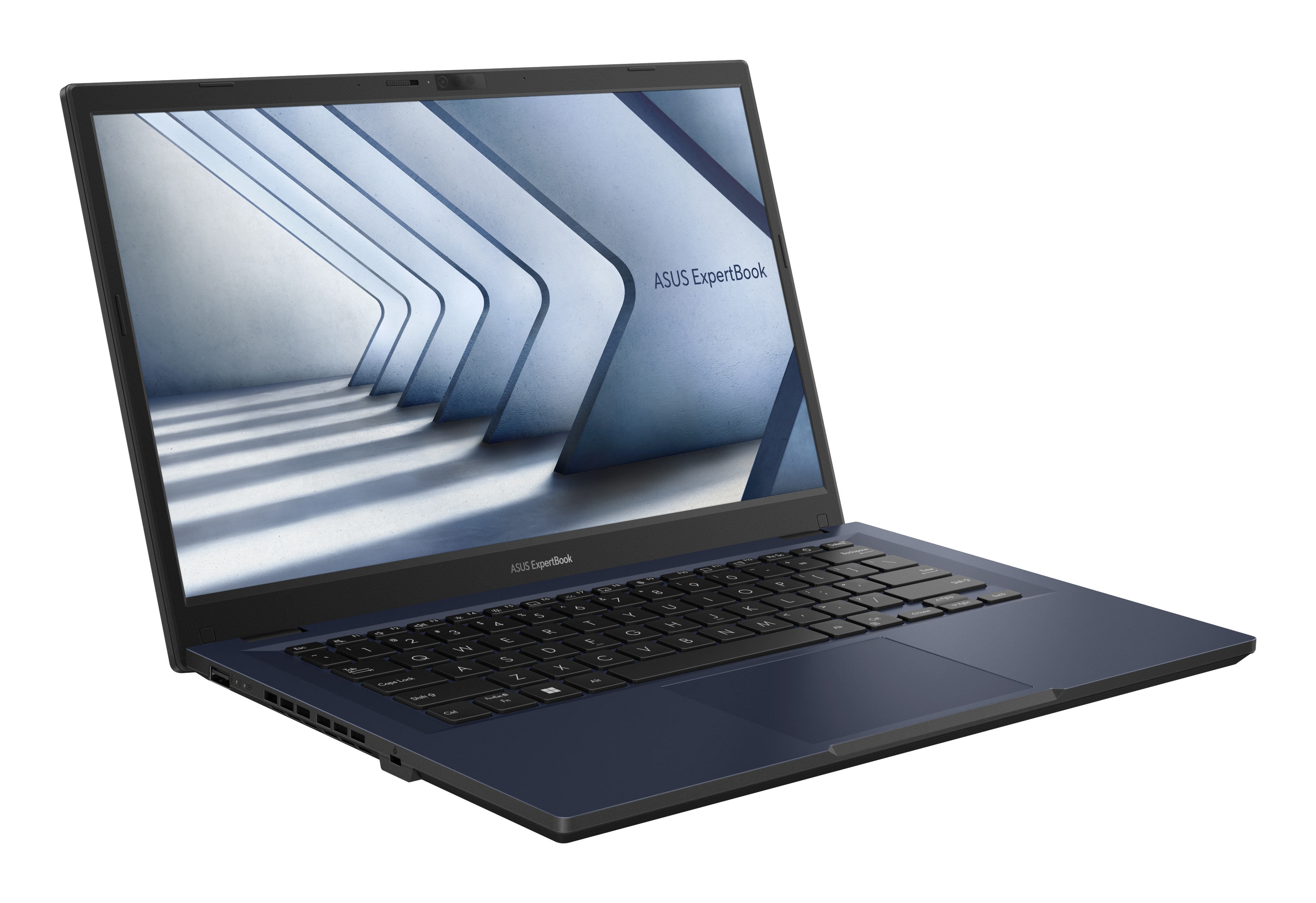Portátil ASUS ExpertBook azul oscuro abierto, mostrando una pantalla con diseño abstracto. Teclado visible.