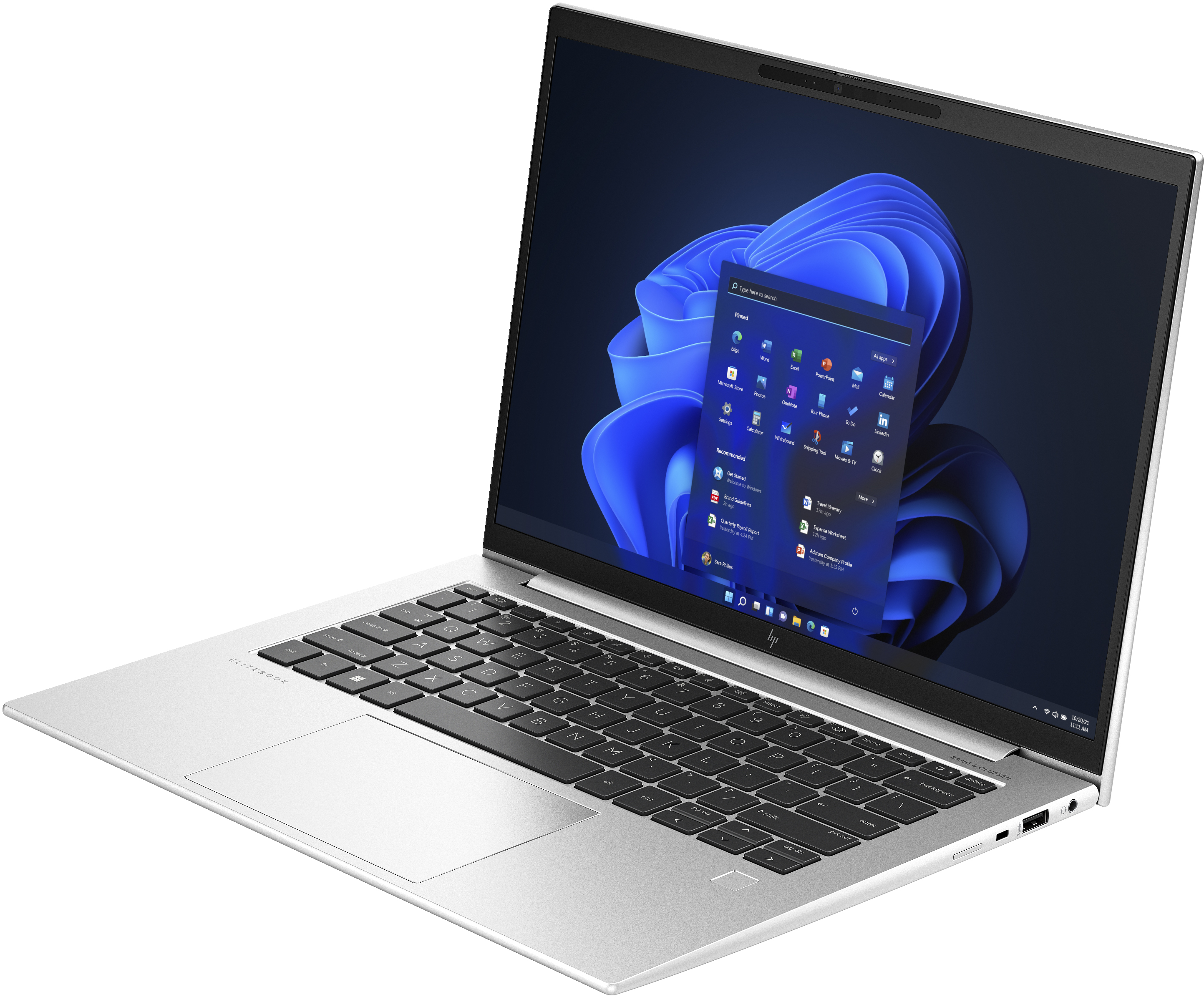 Silberner Laptop auf weißem Hintergrund. Geöffneter Bildschirm mit Windows-Oberfläche.