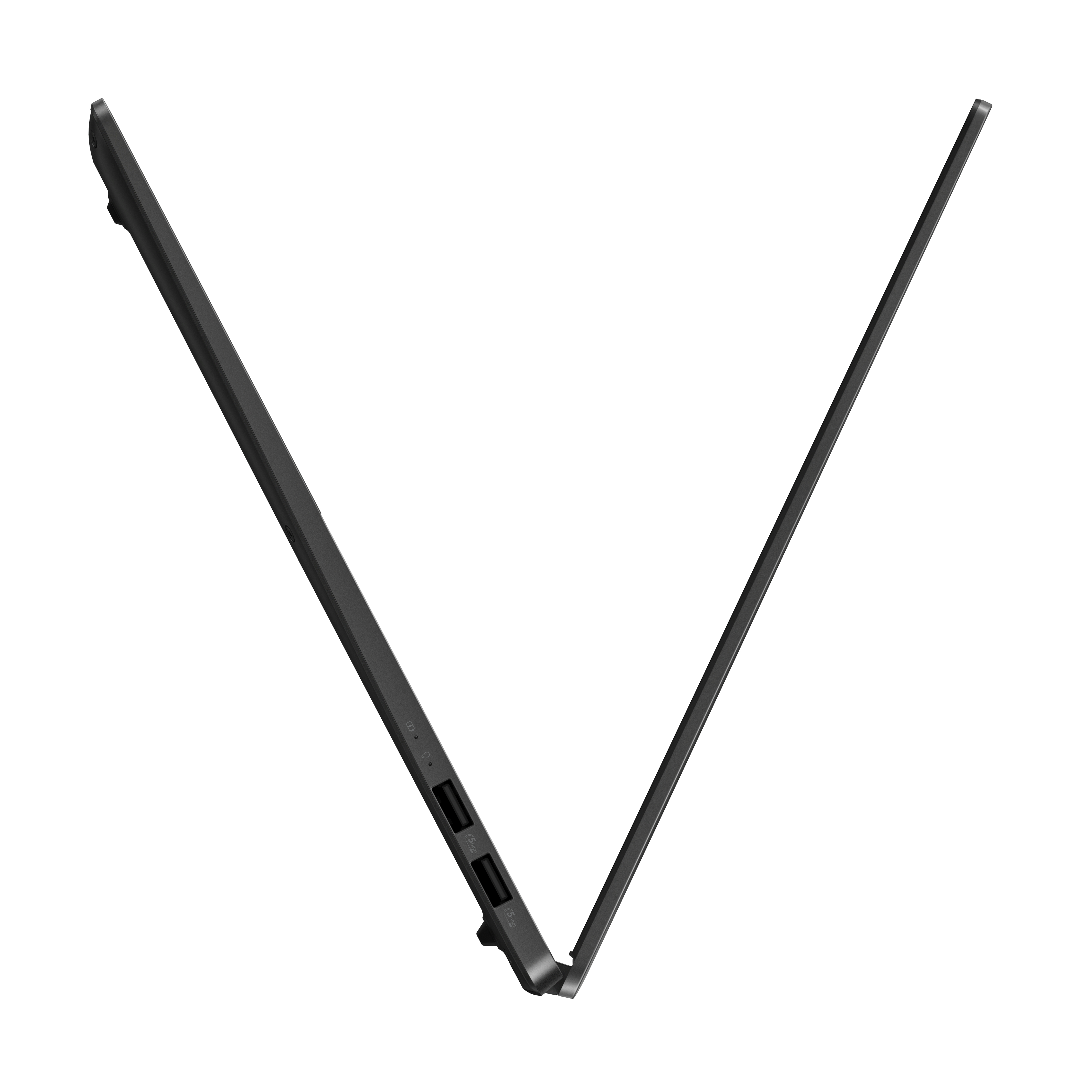 Laptop side view, open. Black laptop with open screen, angled towards the viewer. White background.