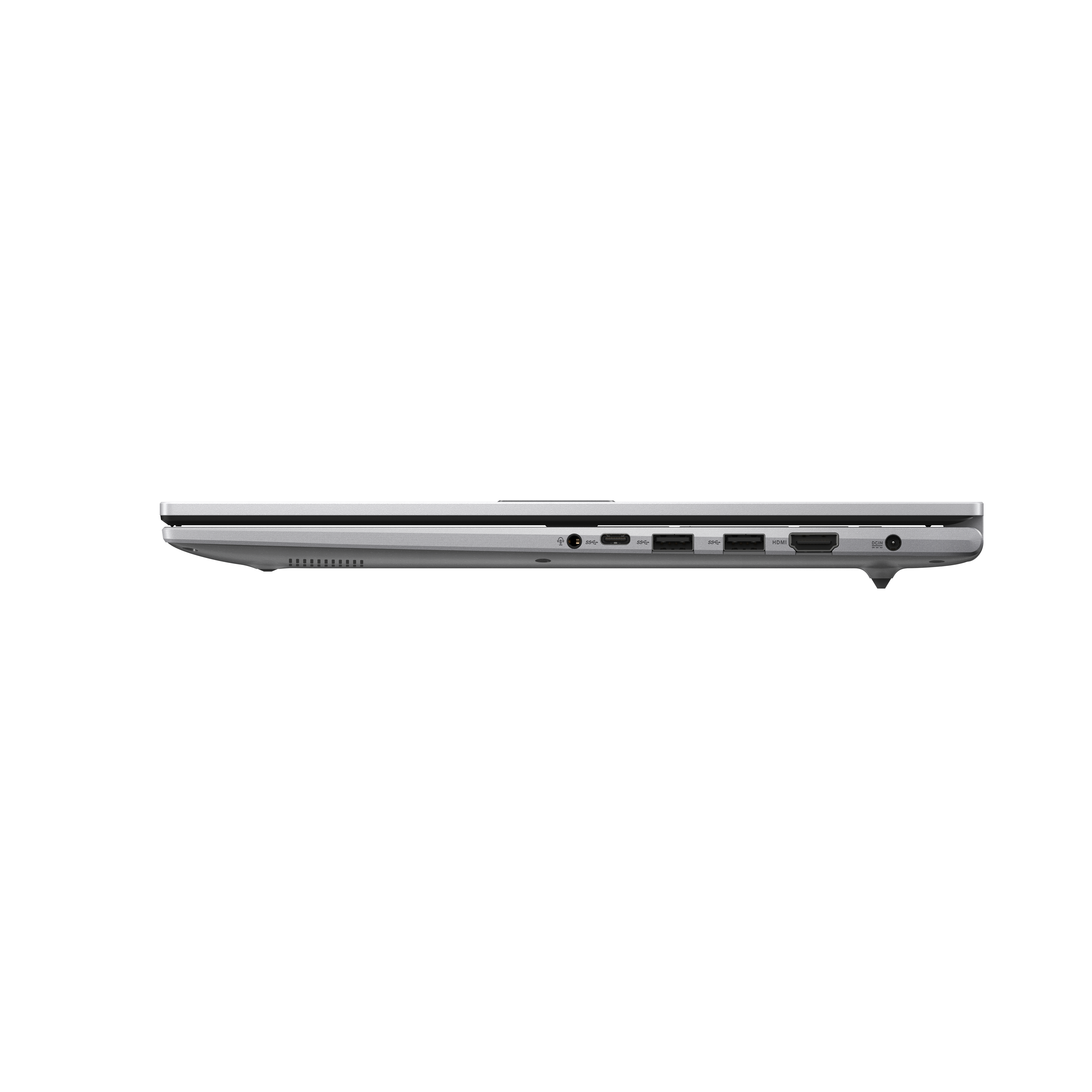 Seitenansicht eines Laptops mit Anschlüssen. Der Laptop ist silberfarben, und die Ansicht zeigt das Seitenprofil des Geräts.