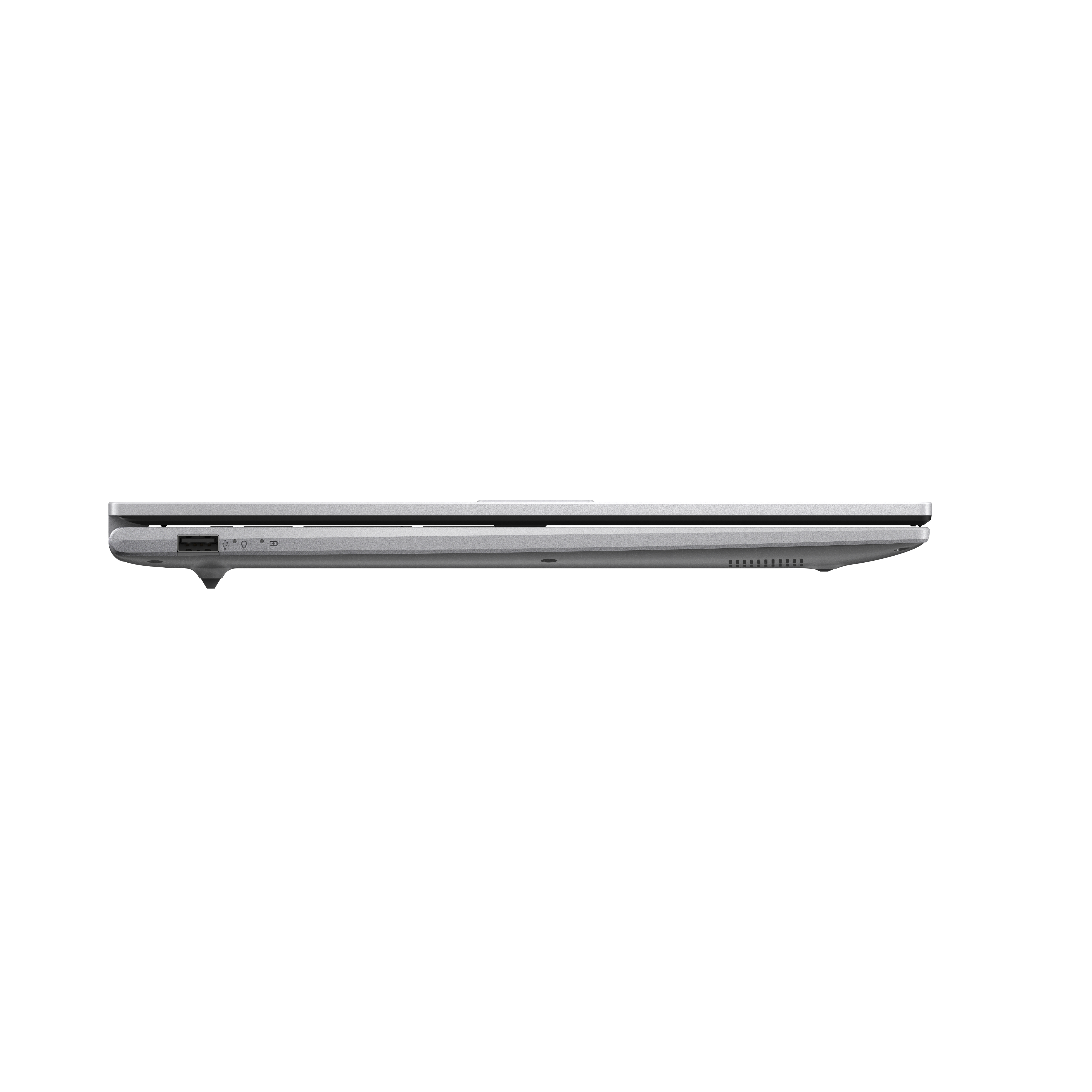 Seitenansicht eines geschlossenen Laptops, Anschlüsse und schlankes Profil.