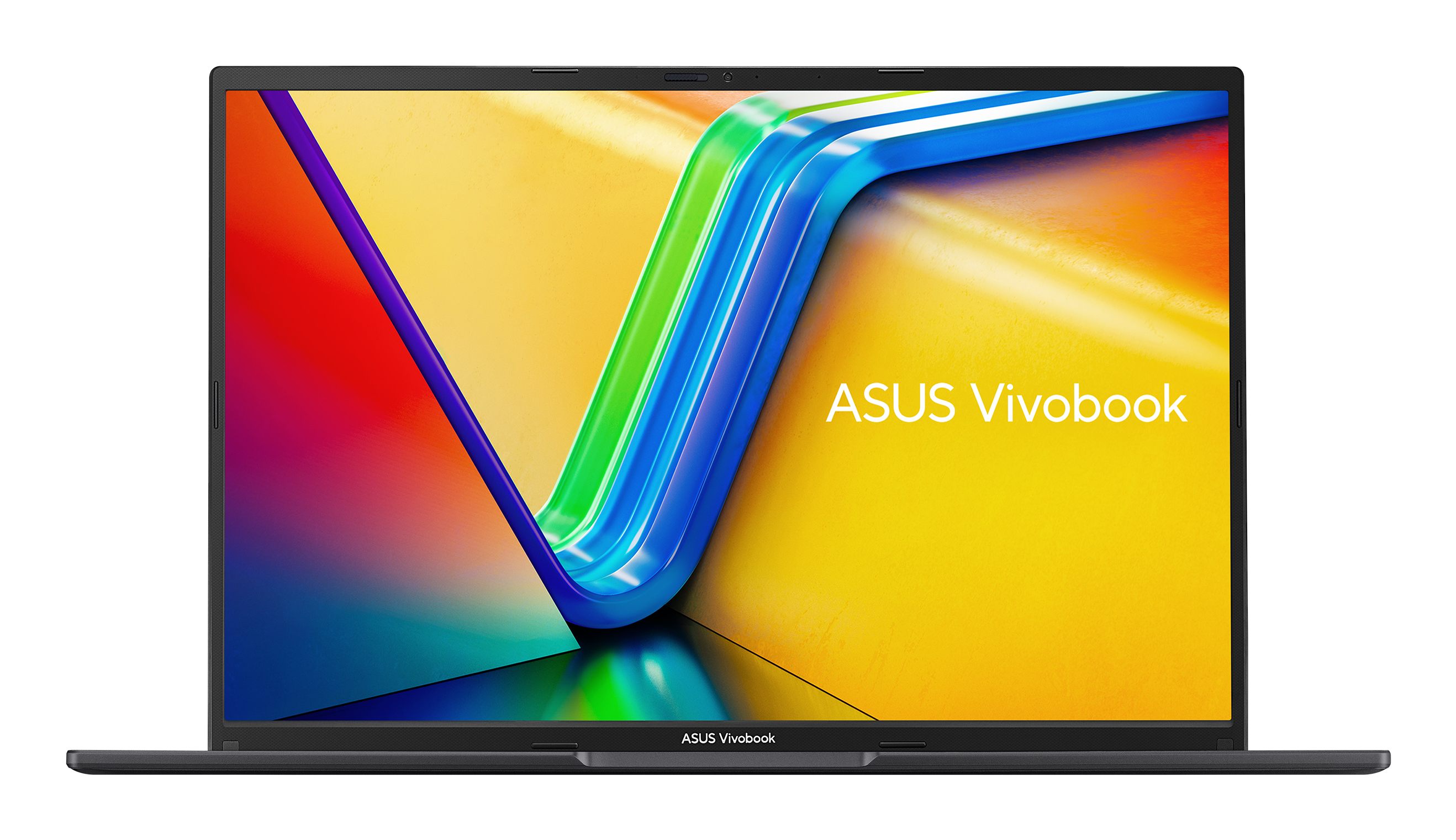 Ordinateur portable avec écran vibrant. Le logo ASUS Vivobook est sur l'écran. Cadre noir.