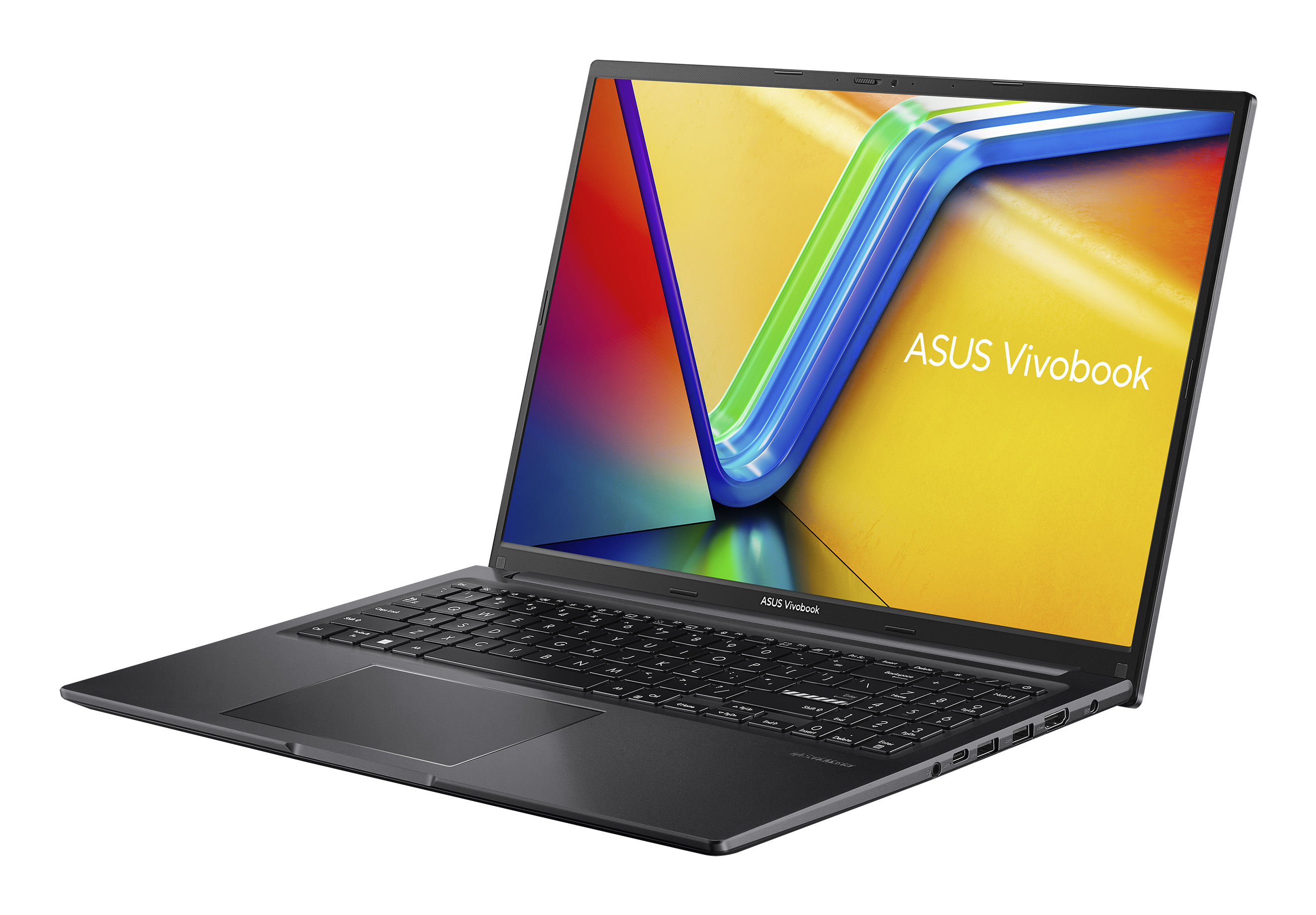 Ordinateur portable Asus Vivobook gris foncé avec un design coloré sur l'écran et les mots ASUS Vivobook.