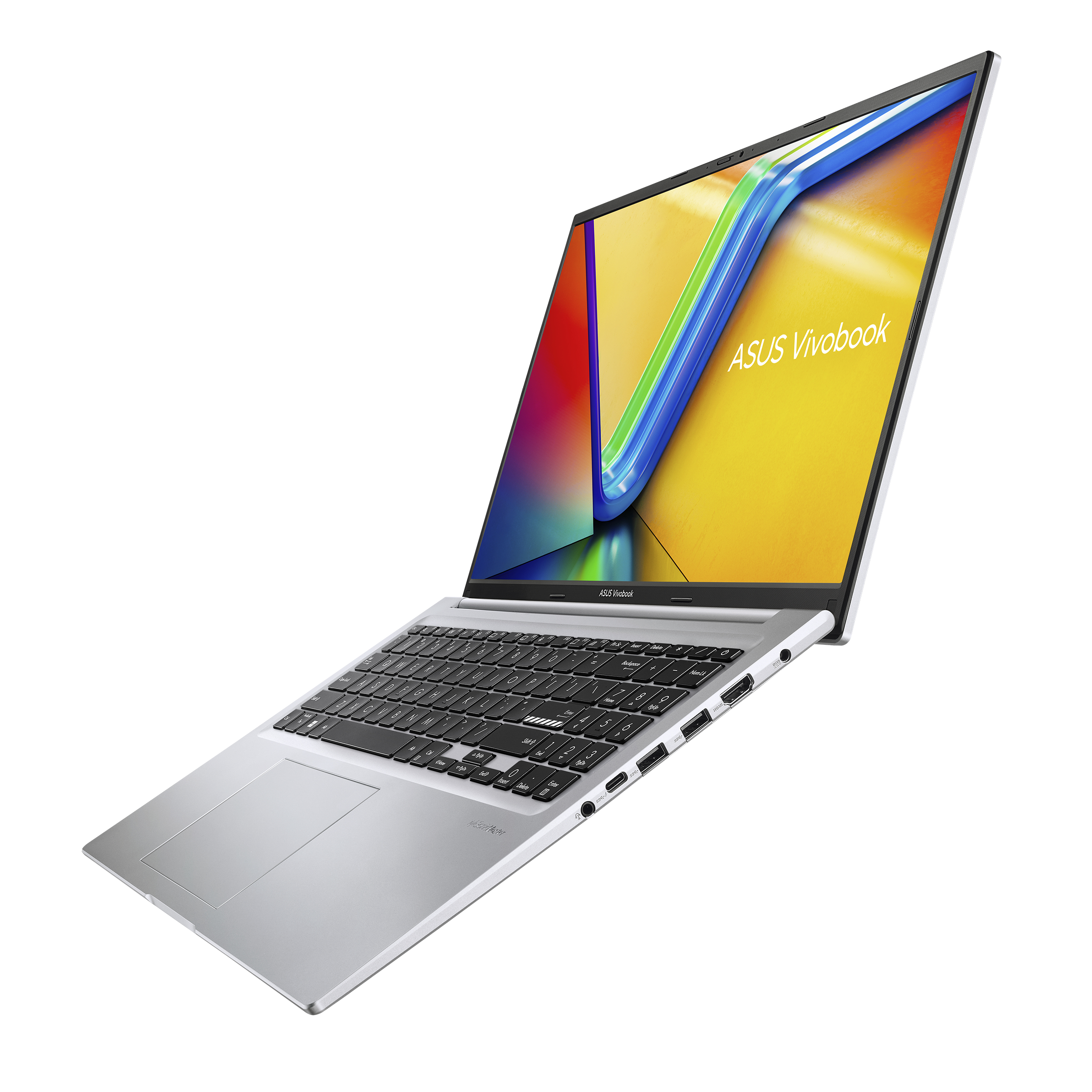 Srebrny laptop otwarty, wyświetlający kolorowy ekran, na białym tle.