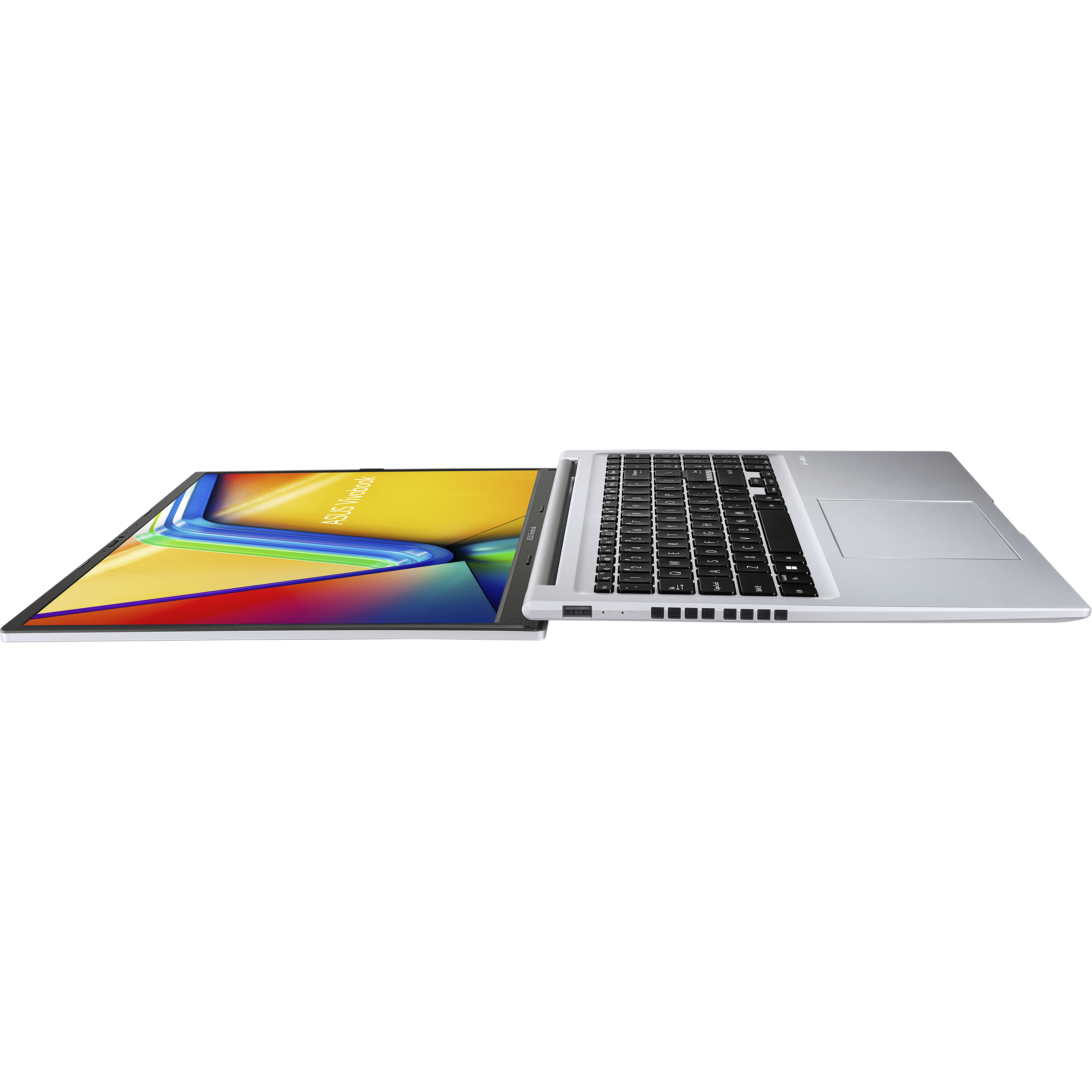 Otwarty laptop, ekran wyświetla kolory. Klawiatura widoczna. Białe tło.