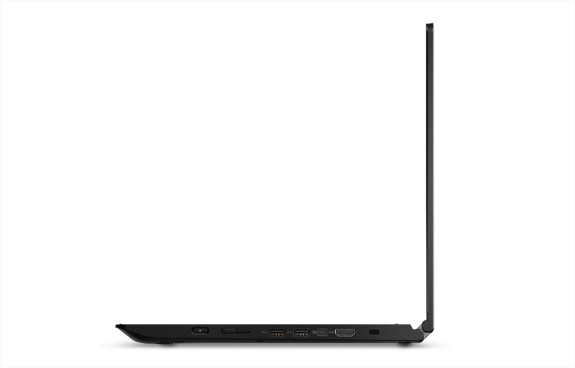 Seitenansicht eines schwarzen Laptops mit sichtbaren Anschlüssen. Der Laptop ist geschlossen.