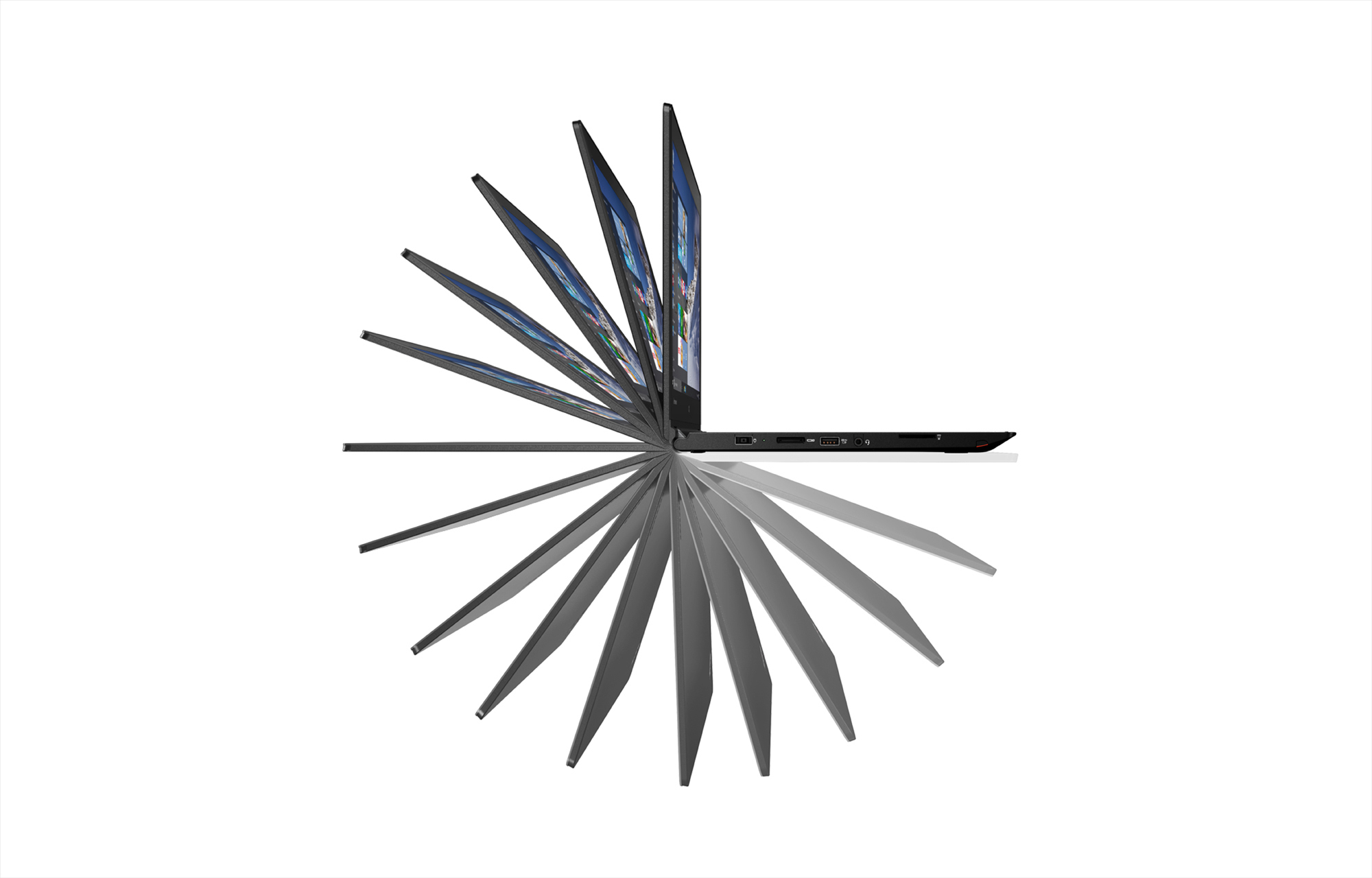 Laptop in fächerförmiger Anordnung, die verschiedene Öffnungswinkel zeigt. Weißer Hintergrund.