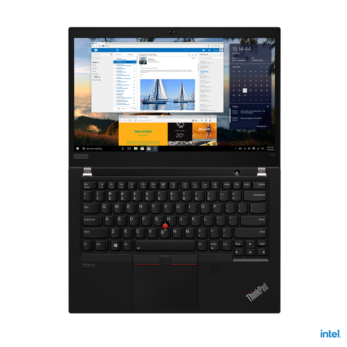 Ordenador portátil Lenovo Thinkpad negro abierto, mostrando pantallas. Windows abierto con correos electrónicos y calendario.