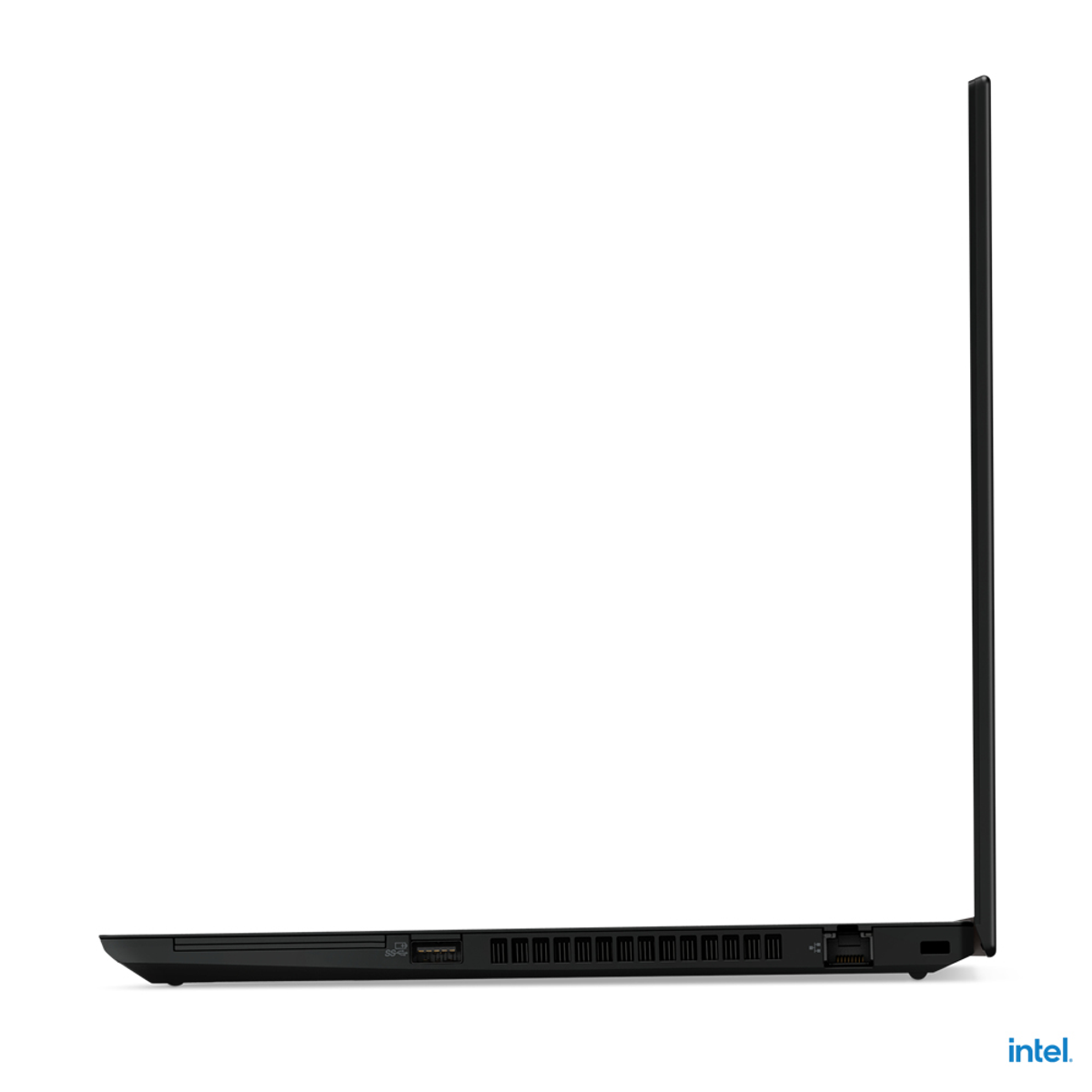 Portátil negro, vista lateral, mostrando su perfil. El logo Intel está en la parte inferior derecha.