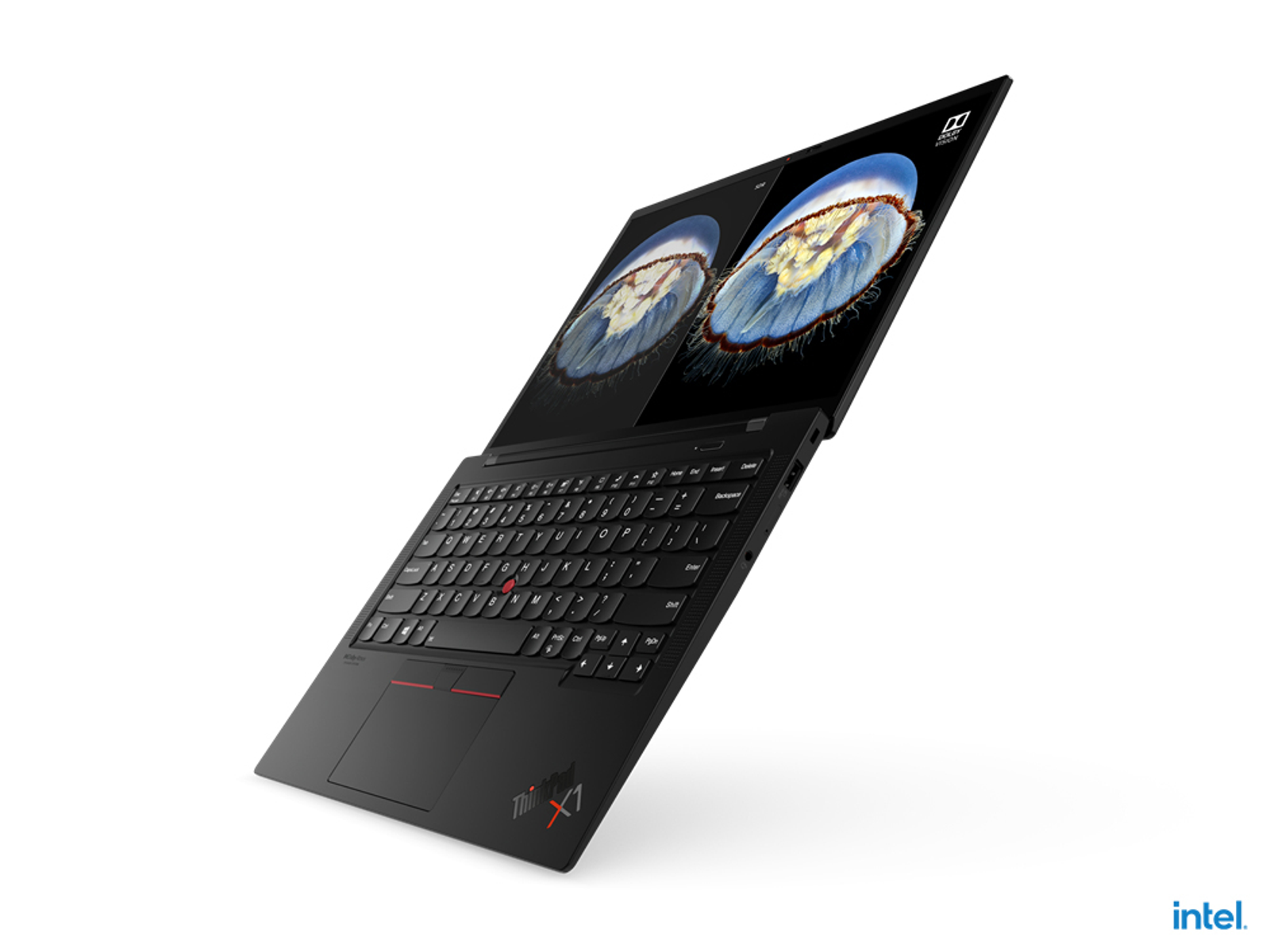 Schwarzer Laptop, angewinkelt geöffnet, zeigt Bilder auf dem Bildschirm. Das Intel-Logo ist sichtbar.