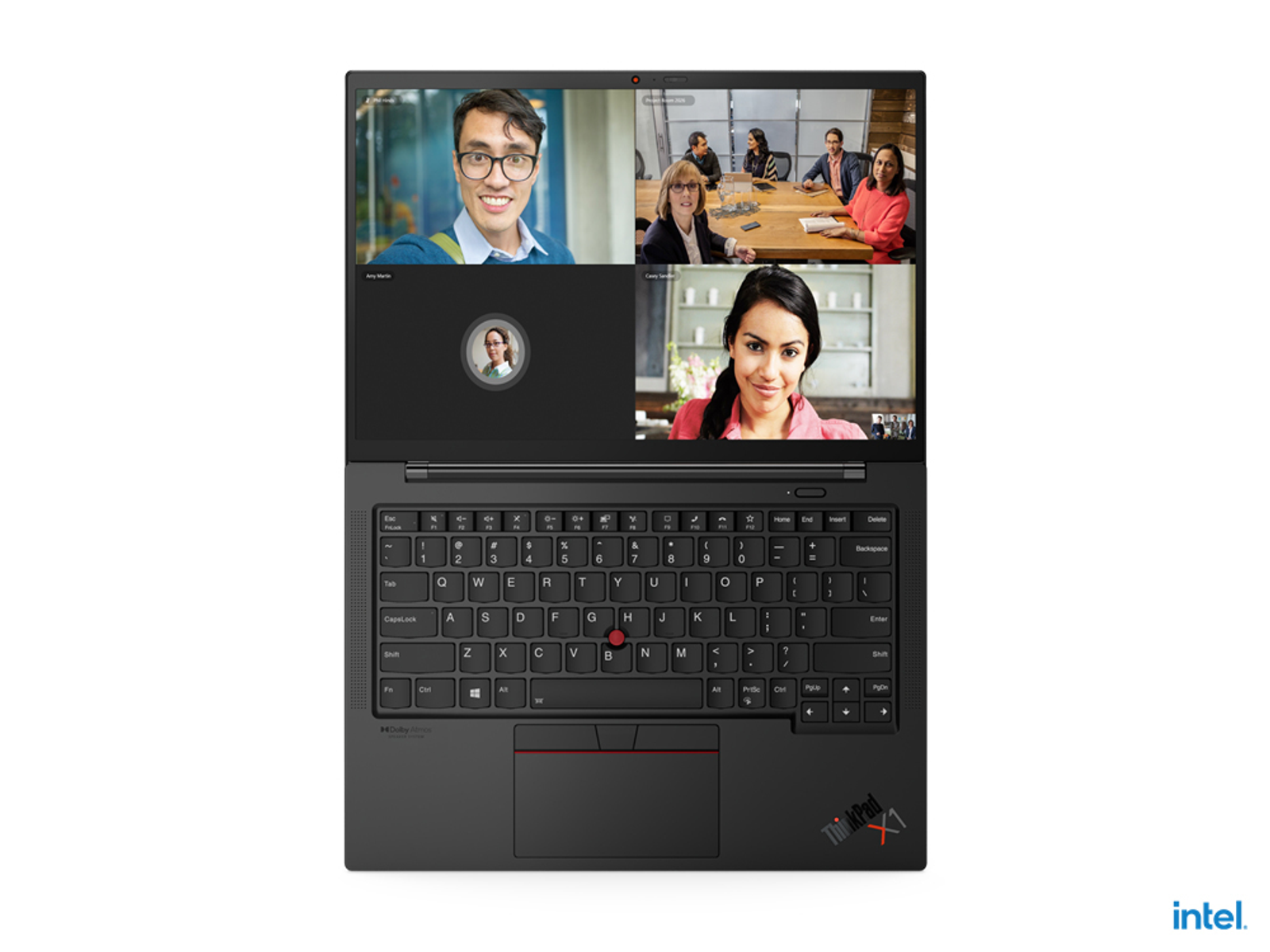 Offener schwarzer Laptop, der einen Videoanruf mit 5 Personen zeigt. Schwarze Tastatur.