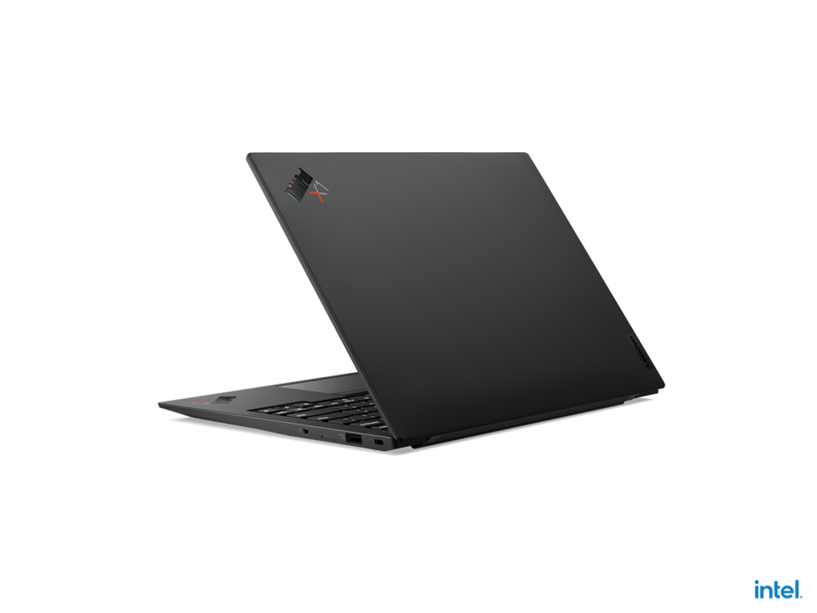 Ein schwarzer Lenovo Laptop, geöffnet, zeigt die Tastatur. Der Laptop ist abgewinkelt, Intel Logo sichtbar.