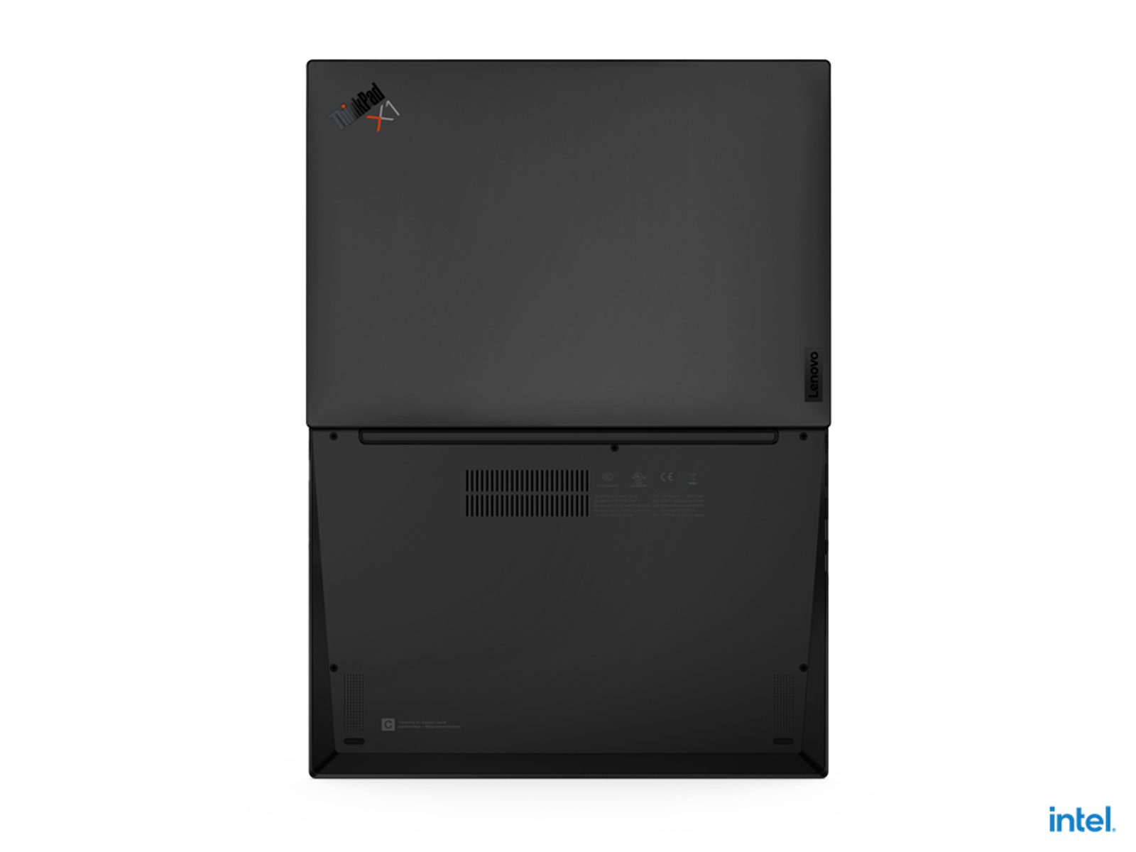 Schwarzer Lenovo Thinkpad-Laptop, geschlossen. Die Oberseite ist geöffnet und zeigt die Tastatur.