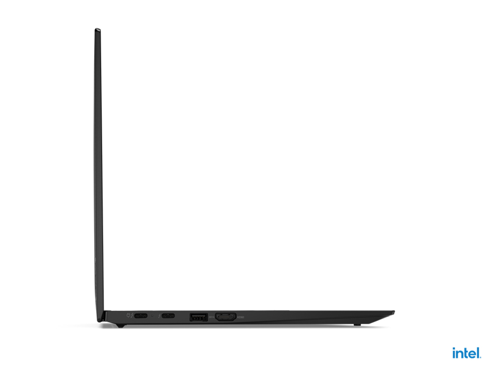 Schwarzer Laptop von der Seite, Anschlüsse sichtbar, vor weißem Hintergrund, mit Intel-Logo.