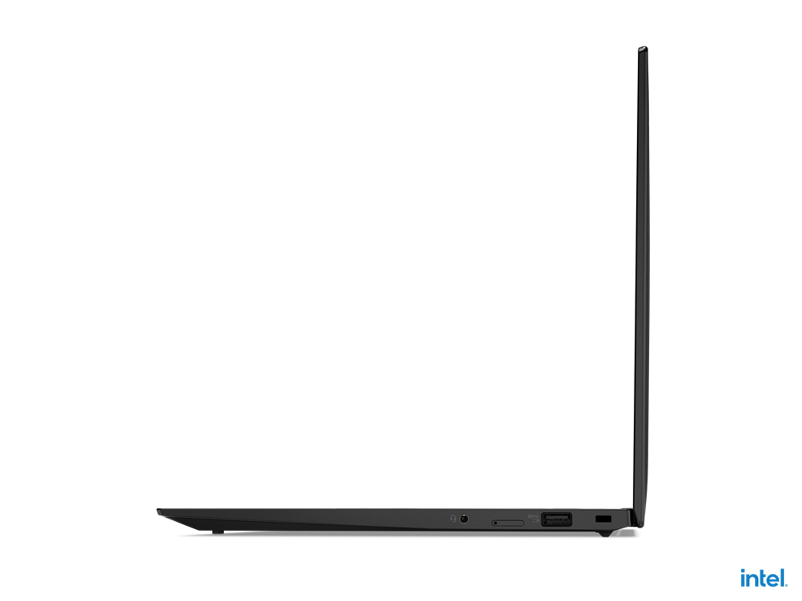 Schwarzer Laptop im Profil, zeigt Seitenanschlüsse und das Intel-Logo auf weißem Hintergrund.