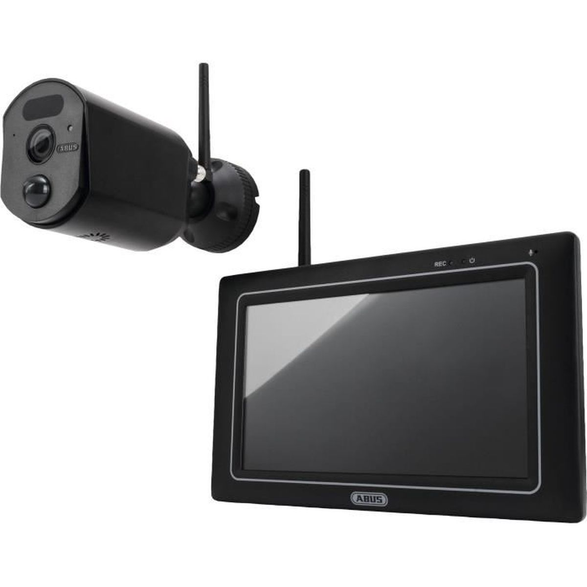 Schwarzes Überwachungskamera- und Monitor-Set, das einen Monitor und eine Kamera zeigt.