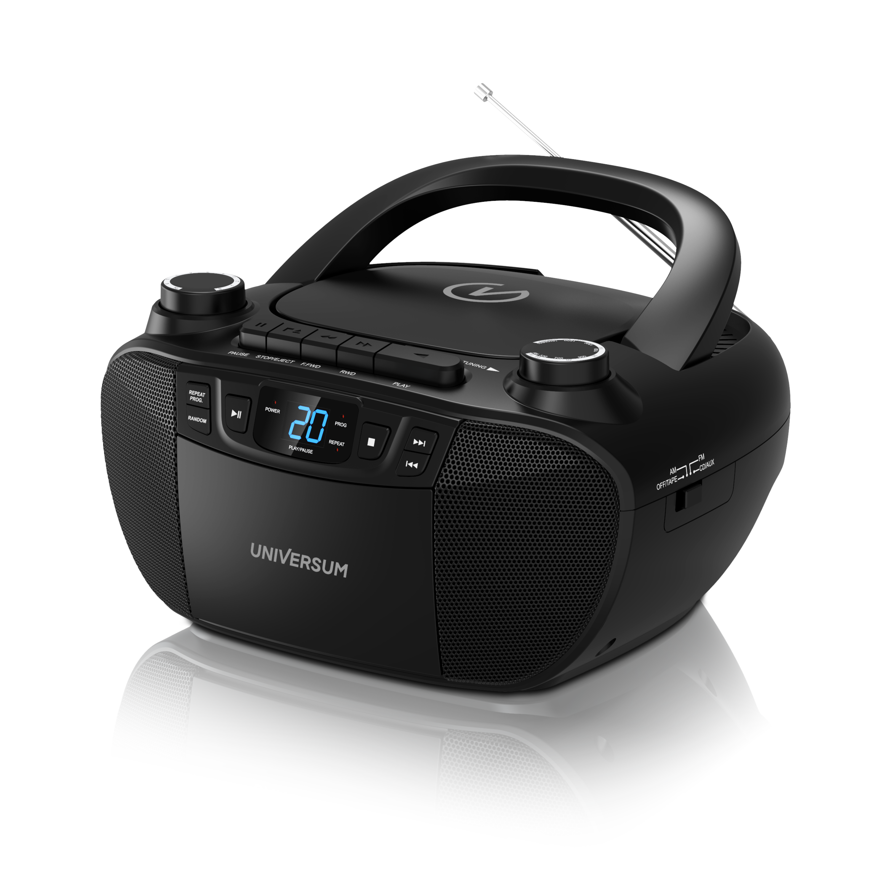 Schwarze Universum Boombox mit Griff, Knöpfen und Display. Weißer Hintergrund.