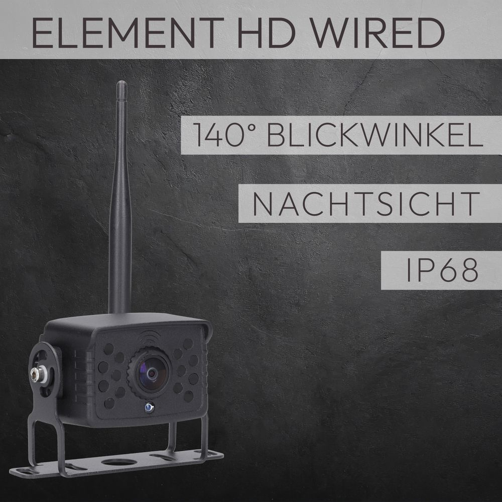 Schwarze Überwachungskamera mit Antenne, Text: Element HD Wired, 140° Betrachtungswinkel, Nachtsicht, IP68.