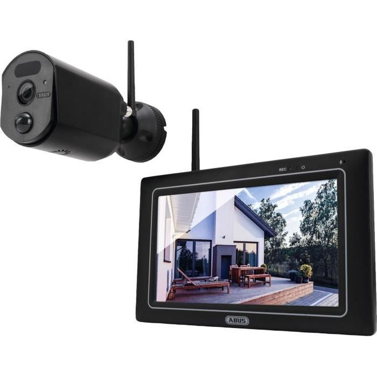 Schwarze Überwachungskamera und Monitor, der ein Haus anzeigt. Die Kamera hat eine Antenne.