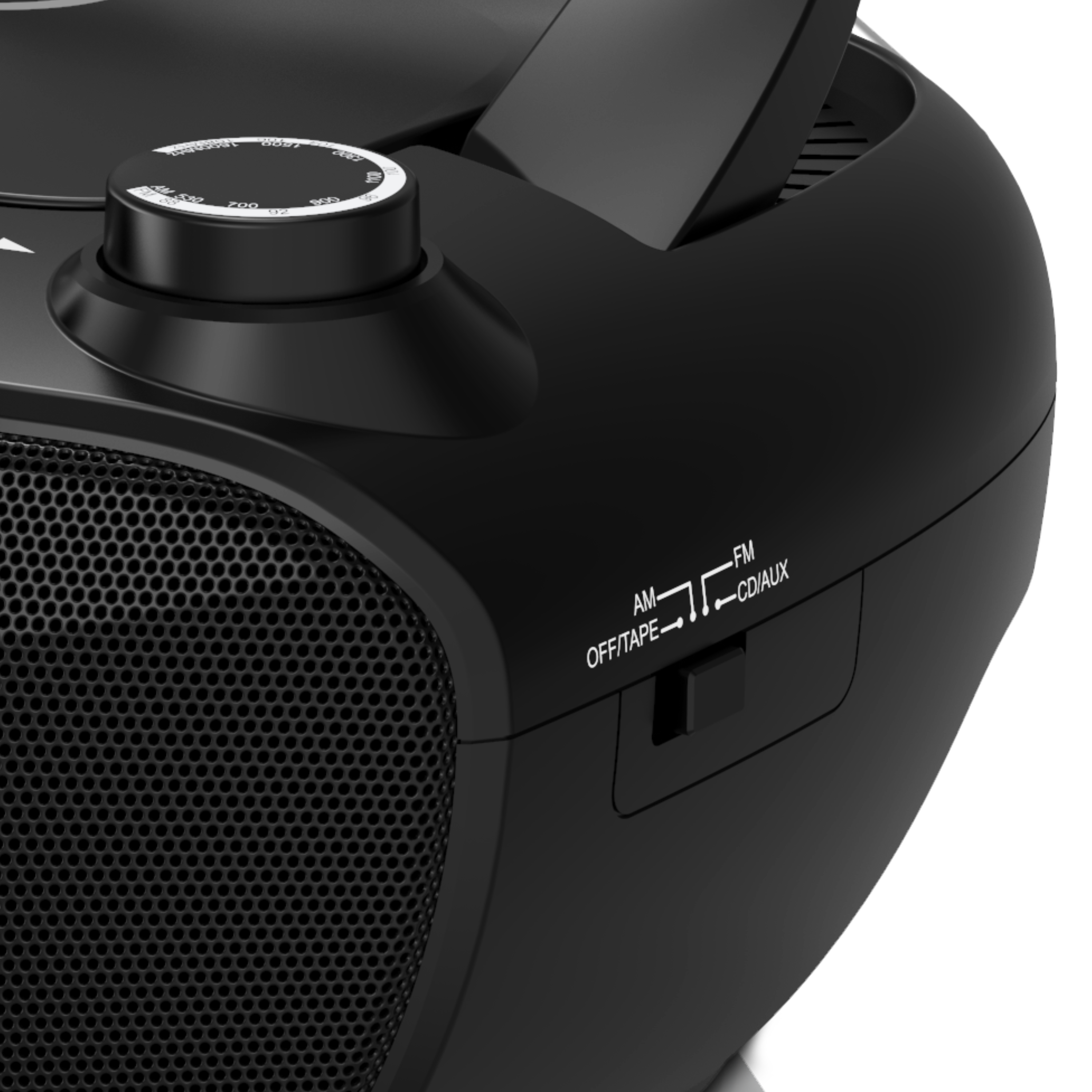 Schwarze Boombox, Nahaufnahme. AM/FM, CD/AUX-Schalter ist sichtbar. Steuerknopf oben.