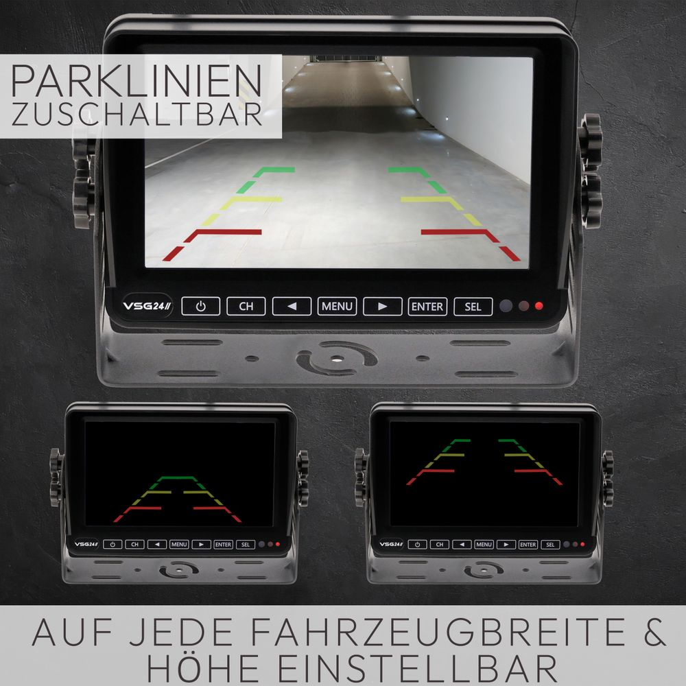 Rückfahrkamera-Bildschirm, drei kleinere Bildschirme darunter, Text.