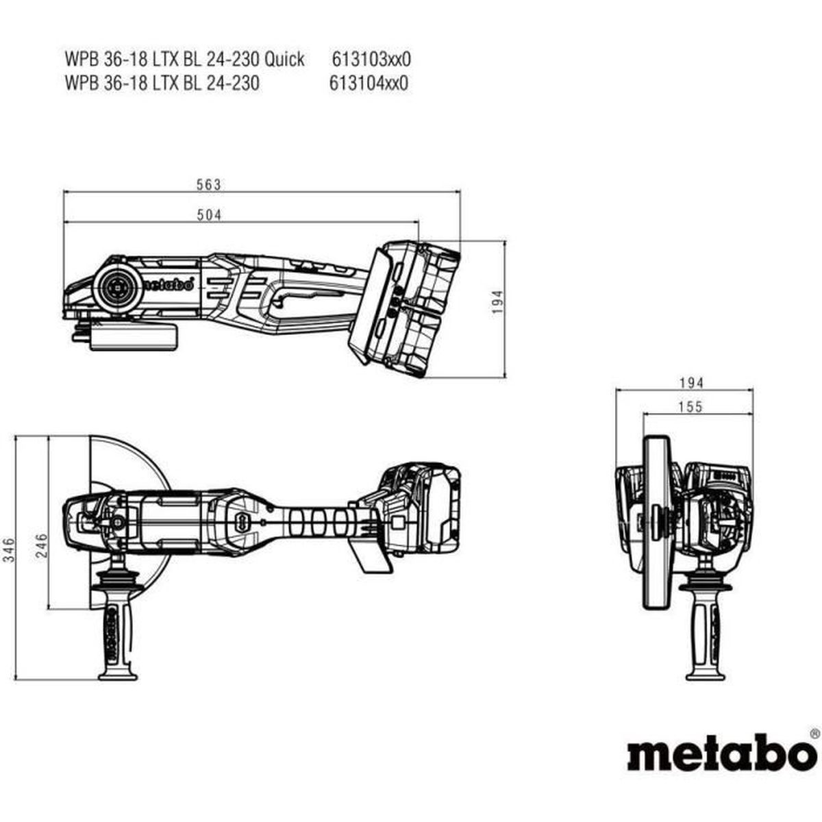 Dessin technique d'un outil. Mesures et étiquettes sont affichées. Logo Metabo en bas.