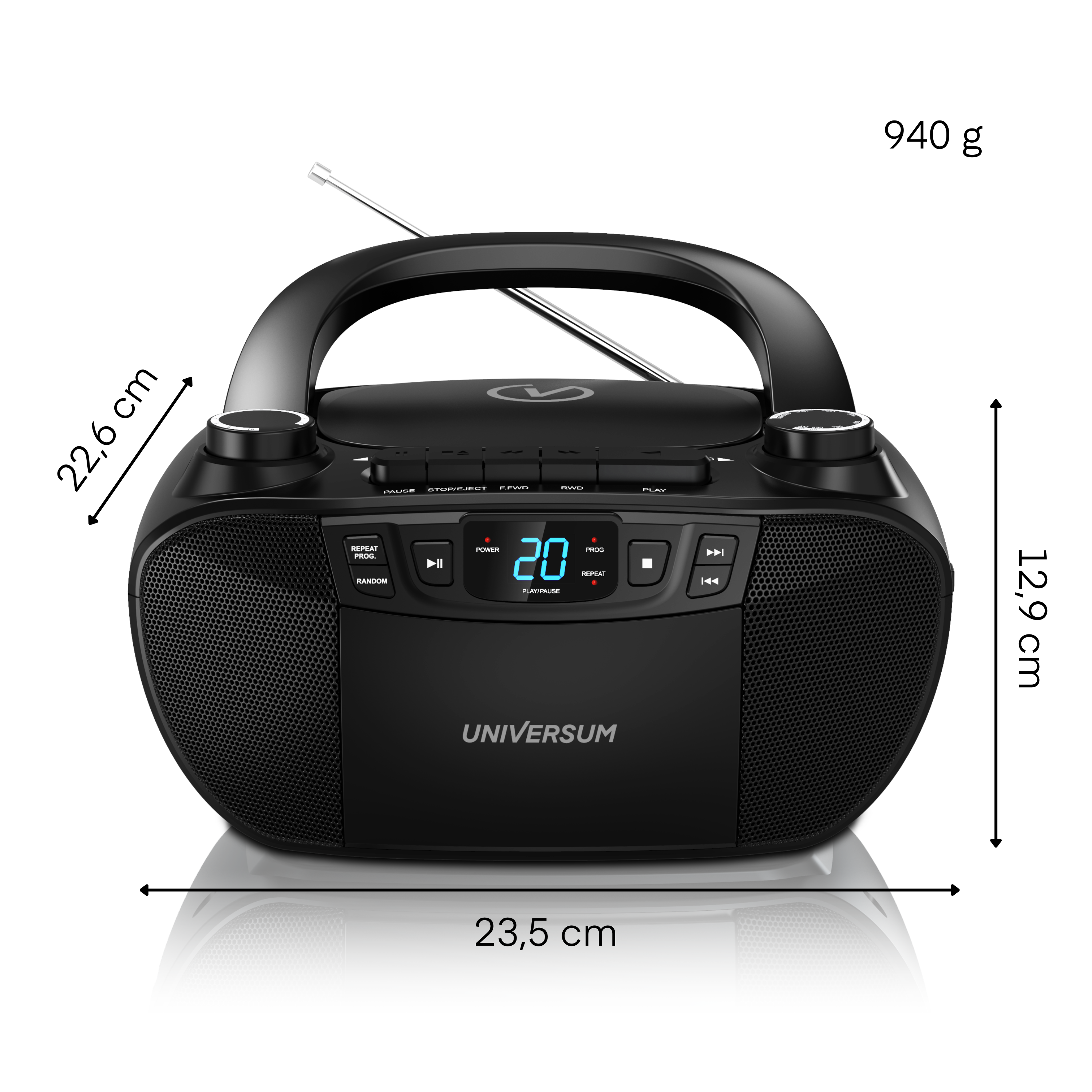 Schwarzes Radio mit silberner Antenne und Abmessungen. Zeigt ein Display, Knöpfe und einen Griff oben.