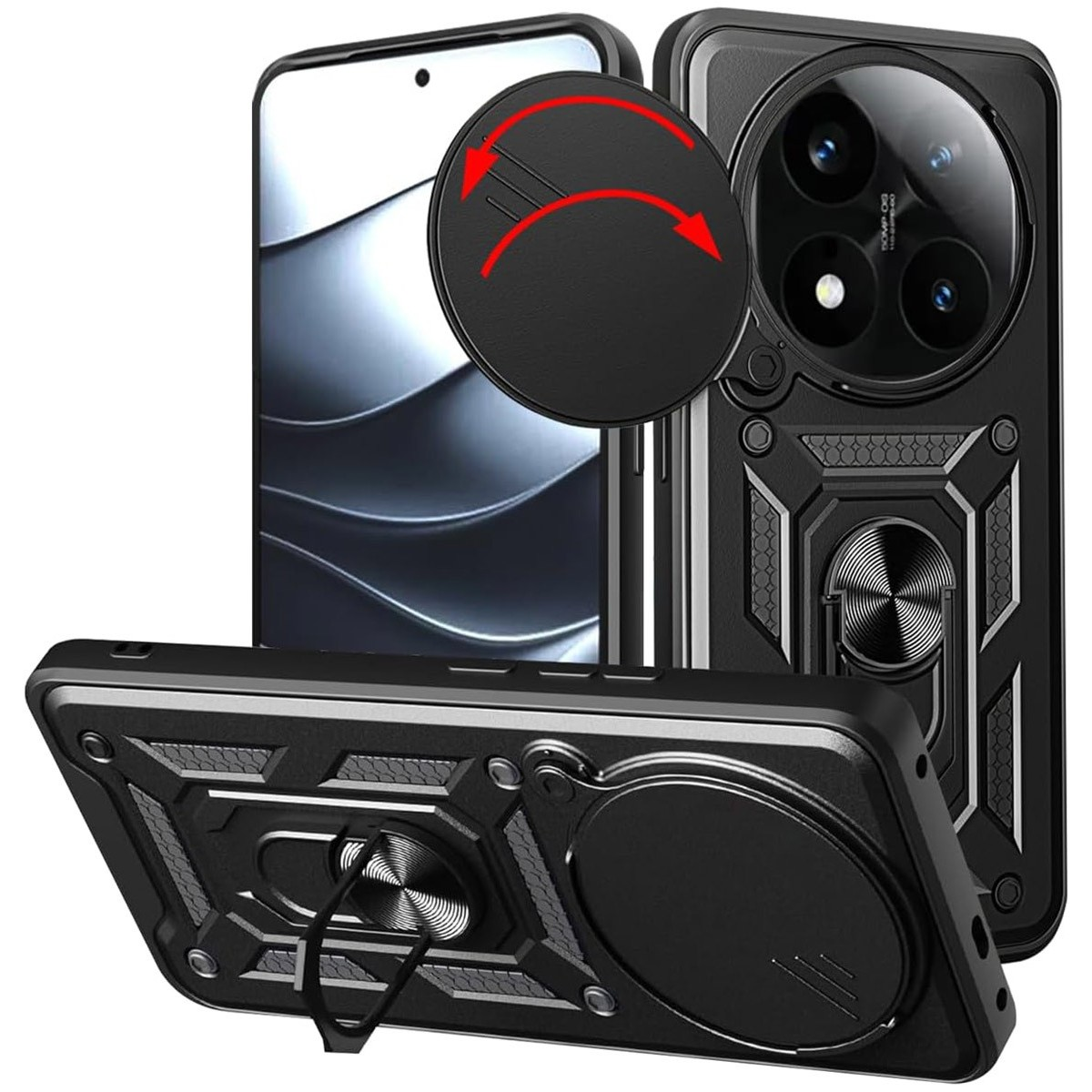 Custodia nera con supporto ad anello e telefono sullo sfondo.