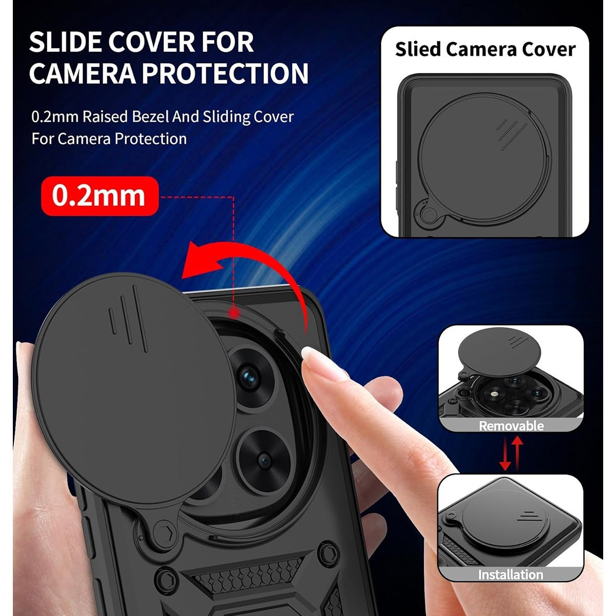Custodia per telefono nera con copertura scorrevole per fotocamera. Diagrammi mostrano funzione e installazione.