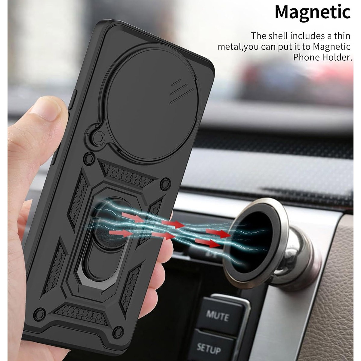 Una custodia per telefono nera con un supporto per telefono e il testo che dice magnetico. Una mano tiene la custodia e un pezzo di metallo.