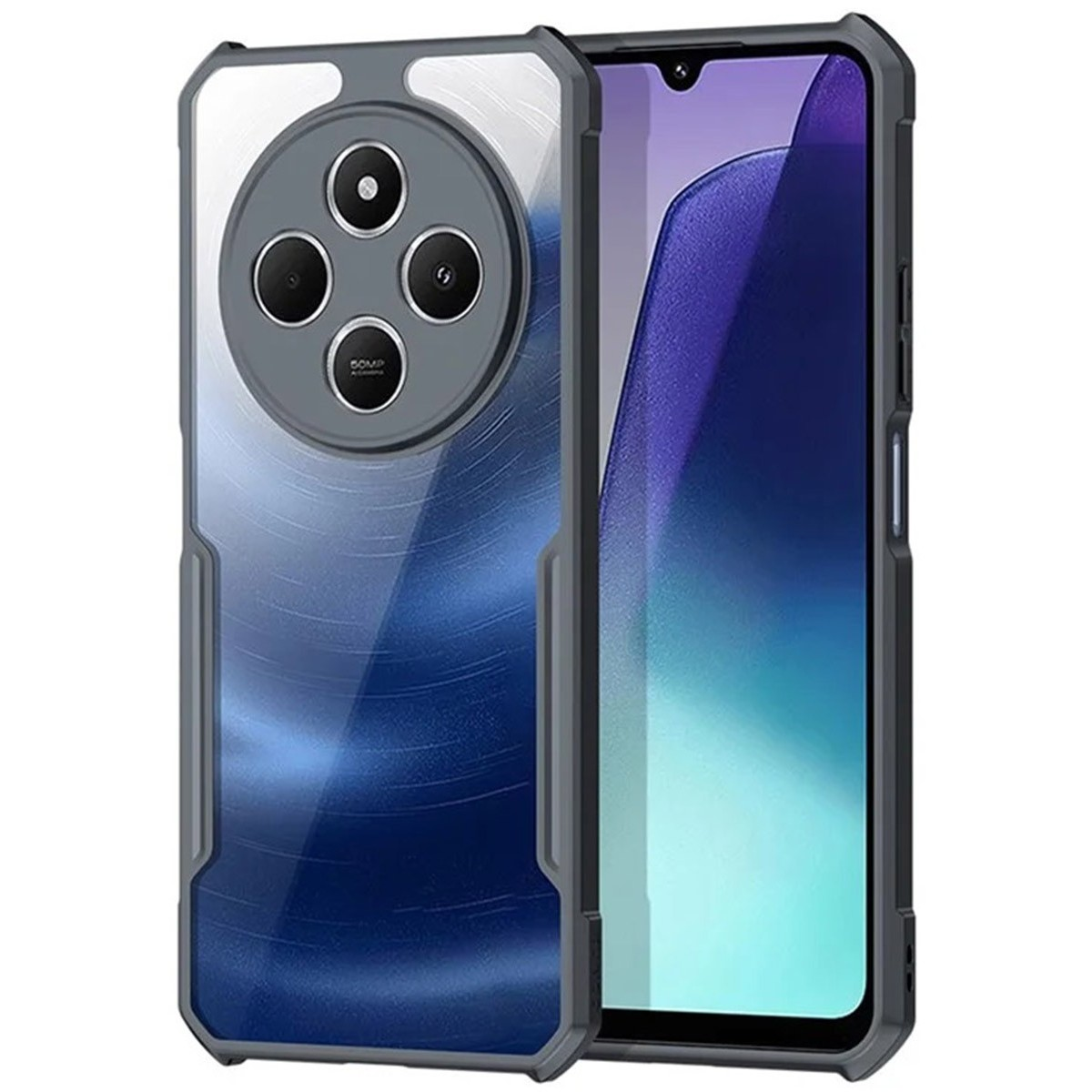 Custodia per telefono. La custodia ha un retro trasparente con un modulo fotocamera e un design a vortice blu.
