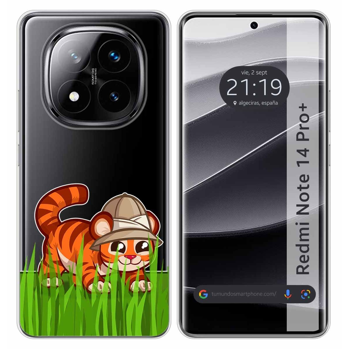 Funda de teléfono con diseño de tigre. Pantalla del teléfono muestra aplicaciones y hora. Hierba verde.