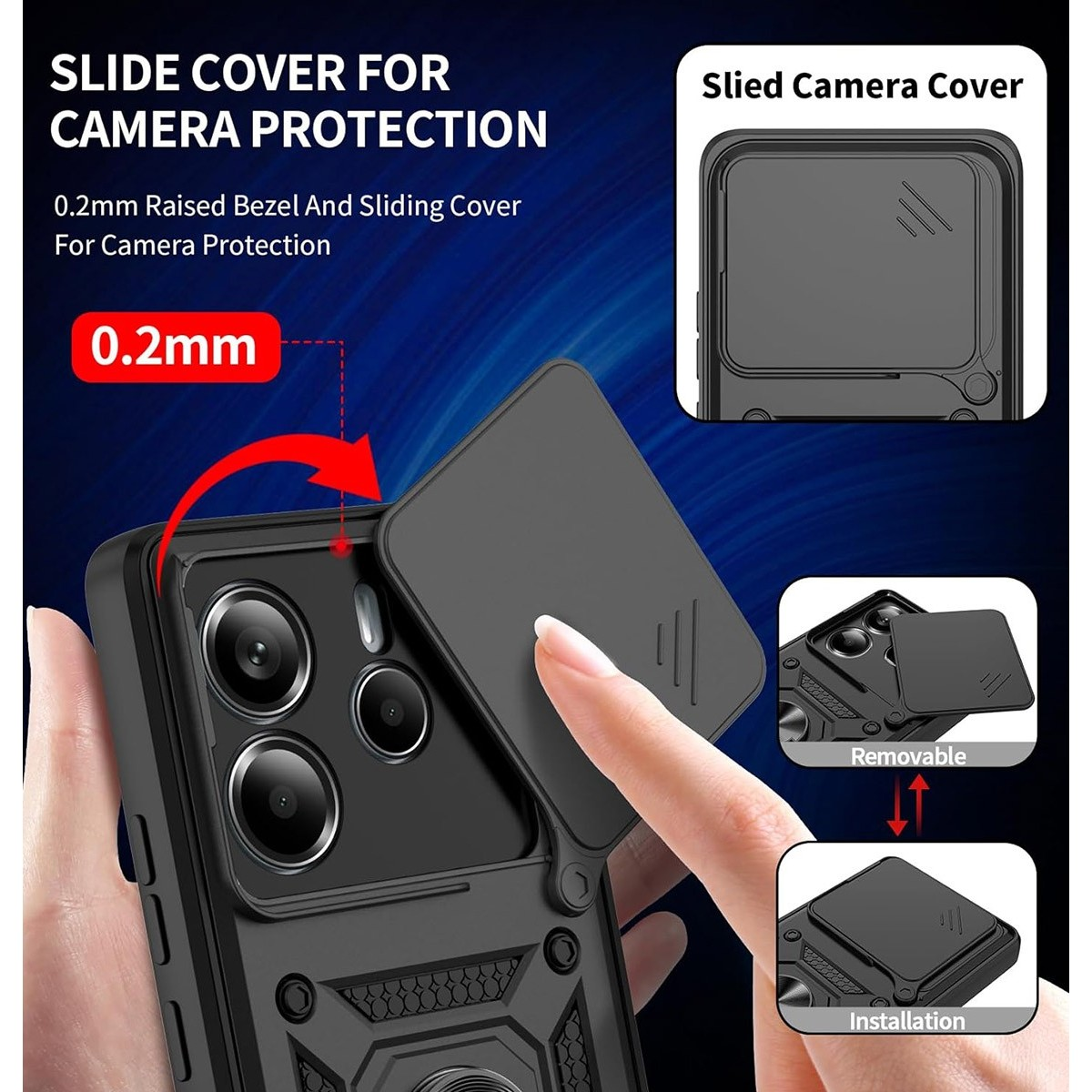 Mano che tiene la custodia del telefono, copertura nera della fotocamera. Mostra la fotocamera del telefono e l'installazione.