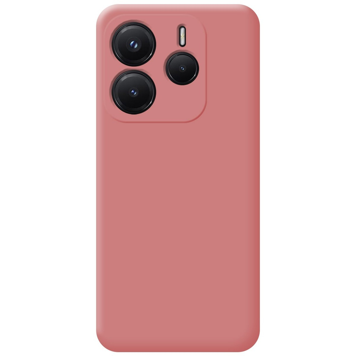 Retro telefono rosa con gruppo fotocamere. Tre obiettivi e un flash. Sfondo bianco.