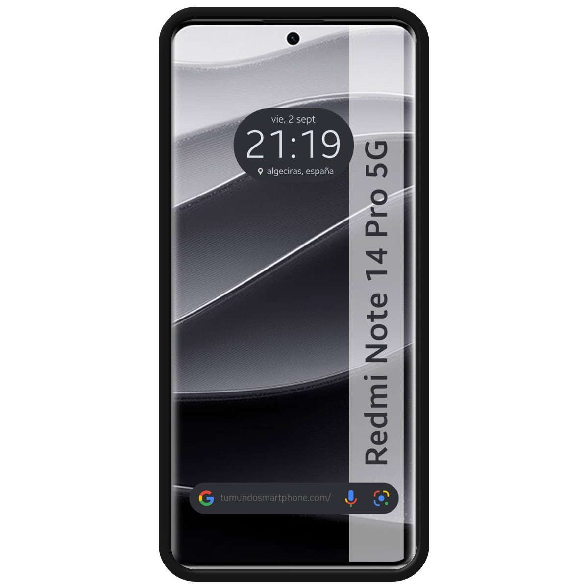 Smartphone con custodia nera e schermo che mostra ora e posizione.