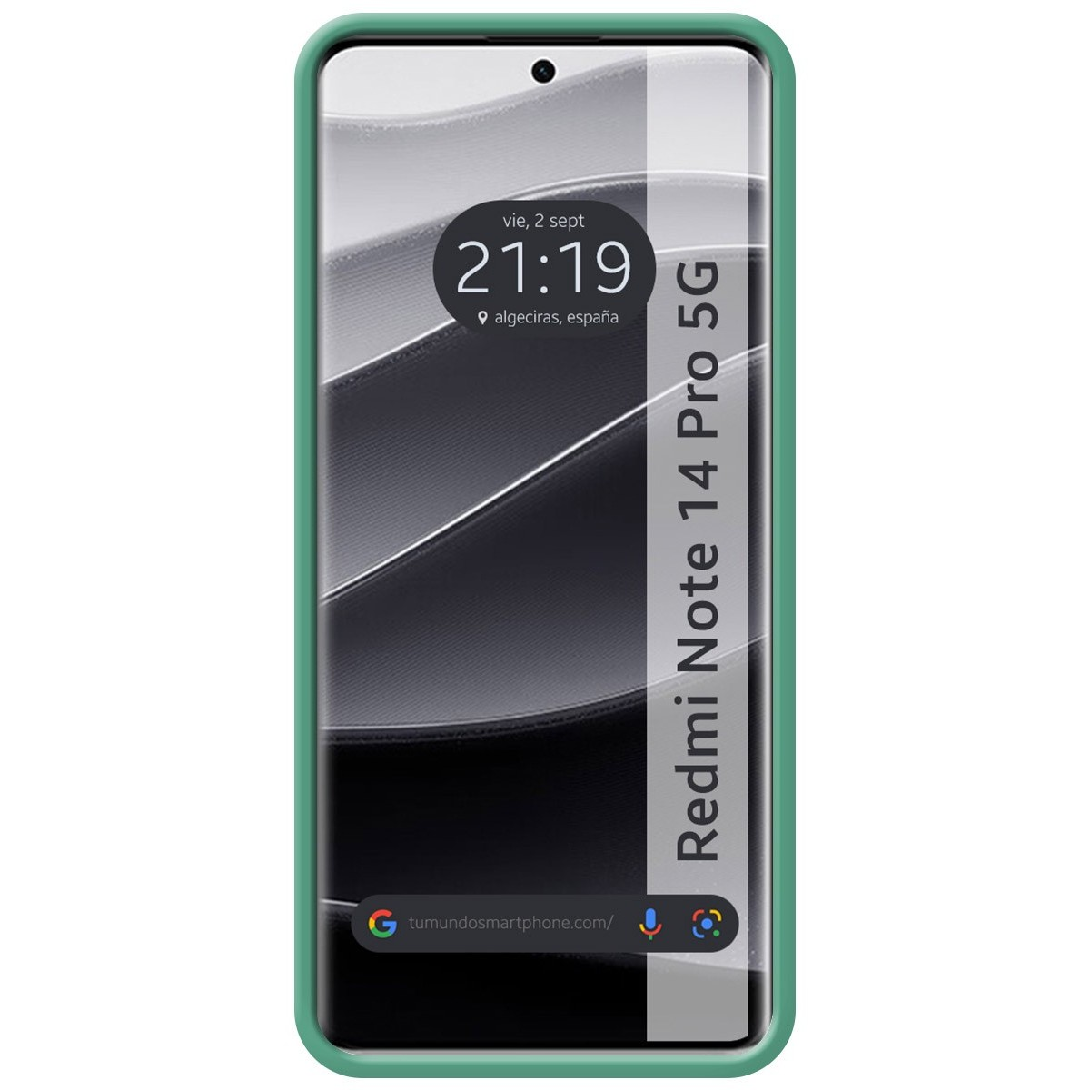 Telefono verde con schermo che mostra ora e posizione, Redmi Note 14 Pro 5G.