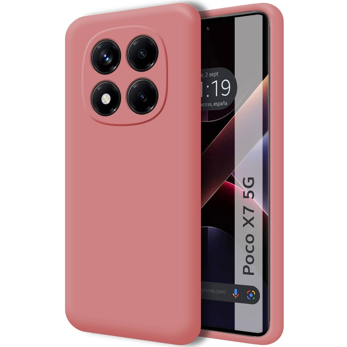 Una custodia rosa per telefono con un array di fotocamere e lo schermo del telefono che mostra ora e posizione.