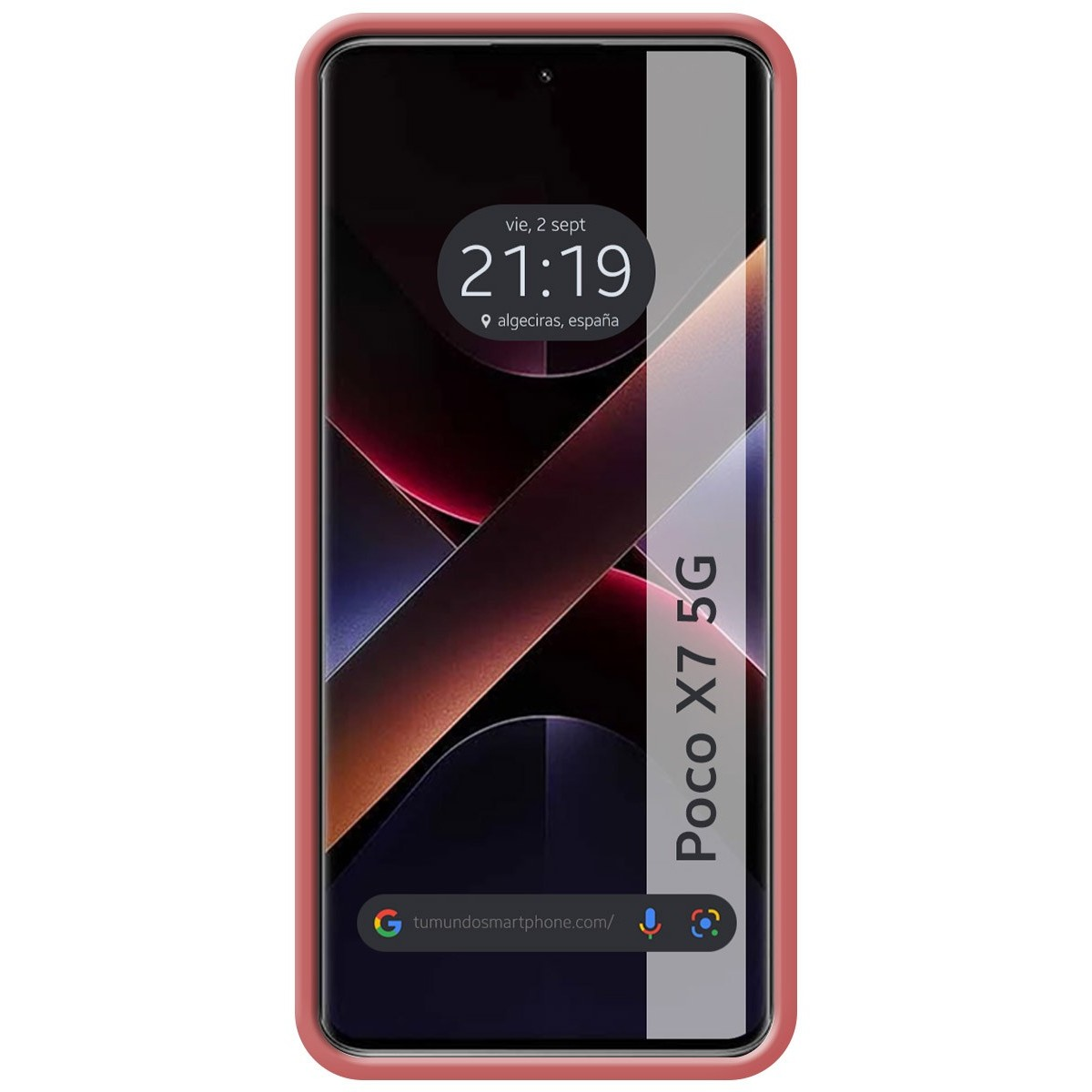 Custodia rosa. Schermo nero mostra ora e luogo. Testo laterale: Poco X7 5G.