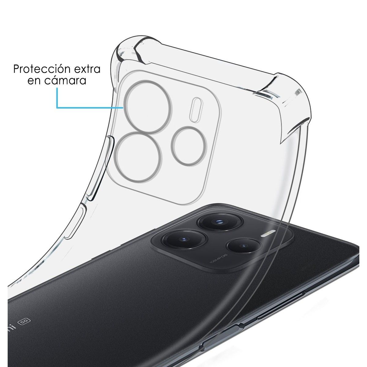 Un telefono con una custodia trasparente, la custodia ha una protezione extra attorno alla fotocamera.