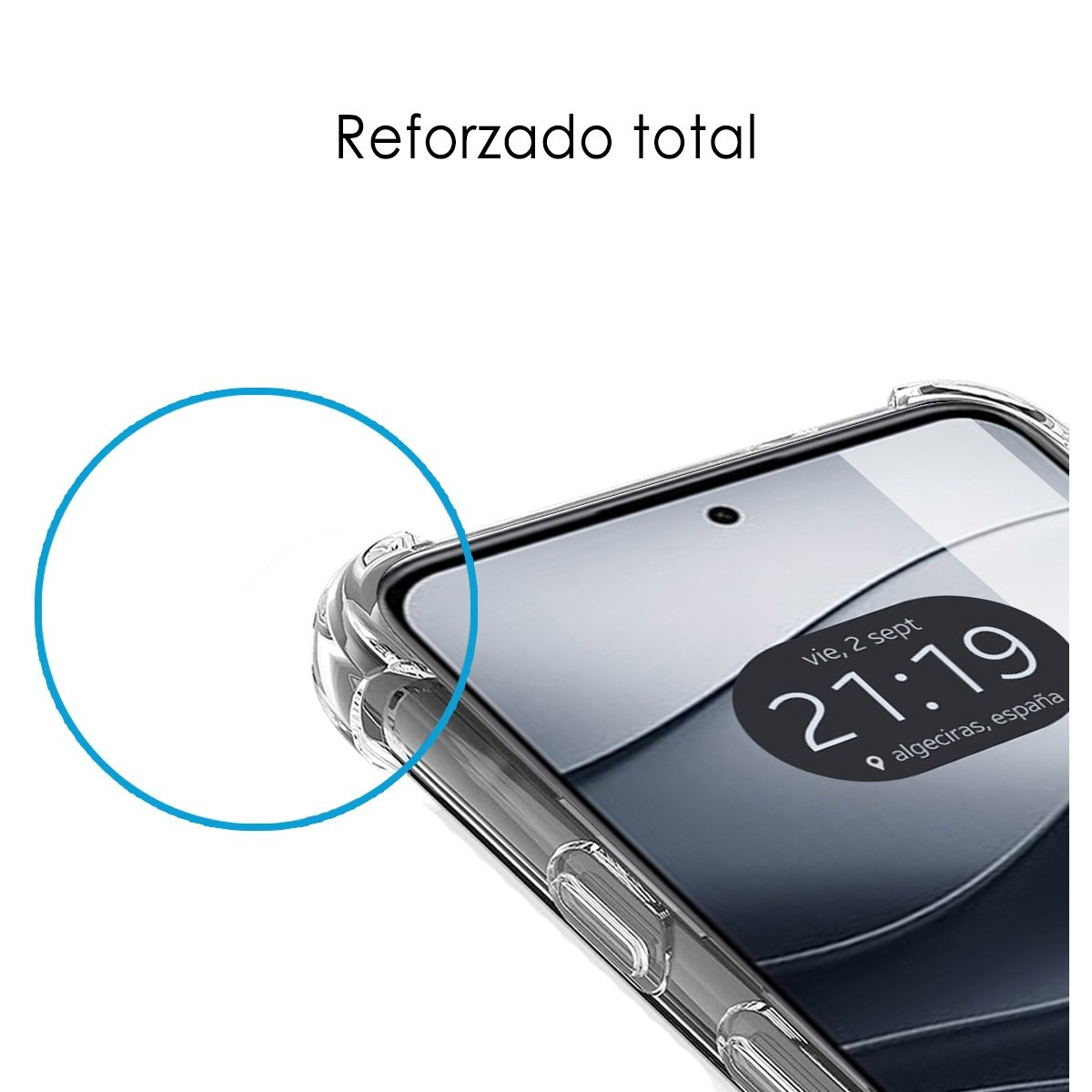 Primo piano dello schermo di un telefono in una custodia trasparente. Testo: Reforzado total.