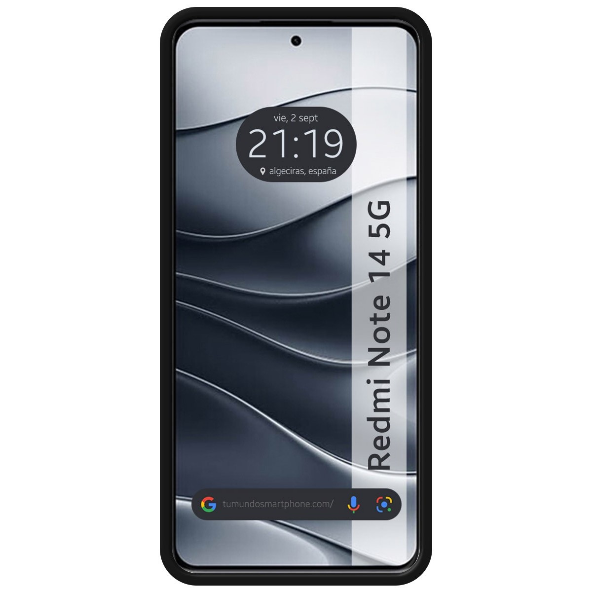 Telefono Redmi Note 14 5G, cornice nera. Lo schermo mostra ora, posizione e barra di Google.