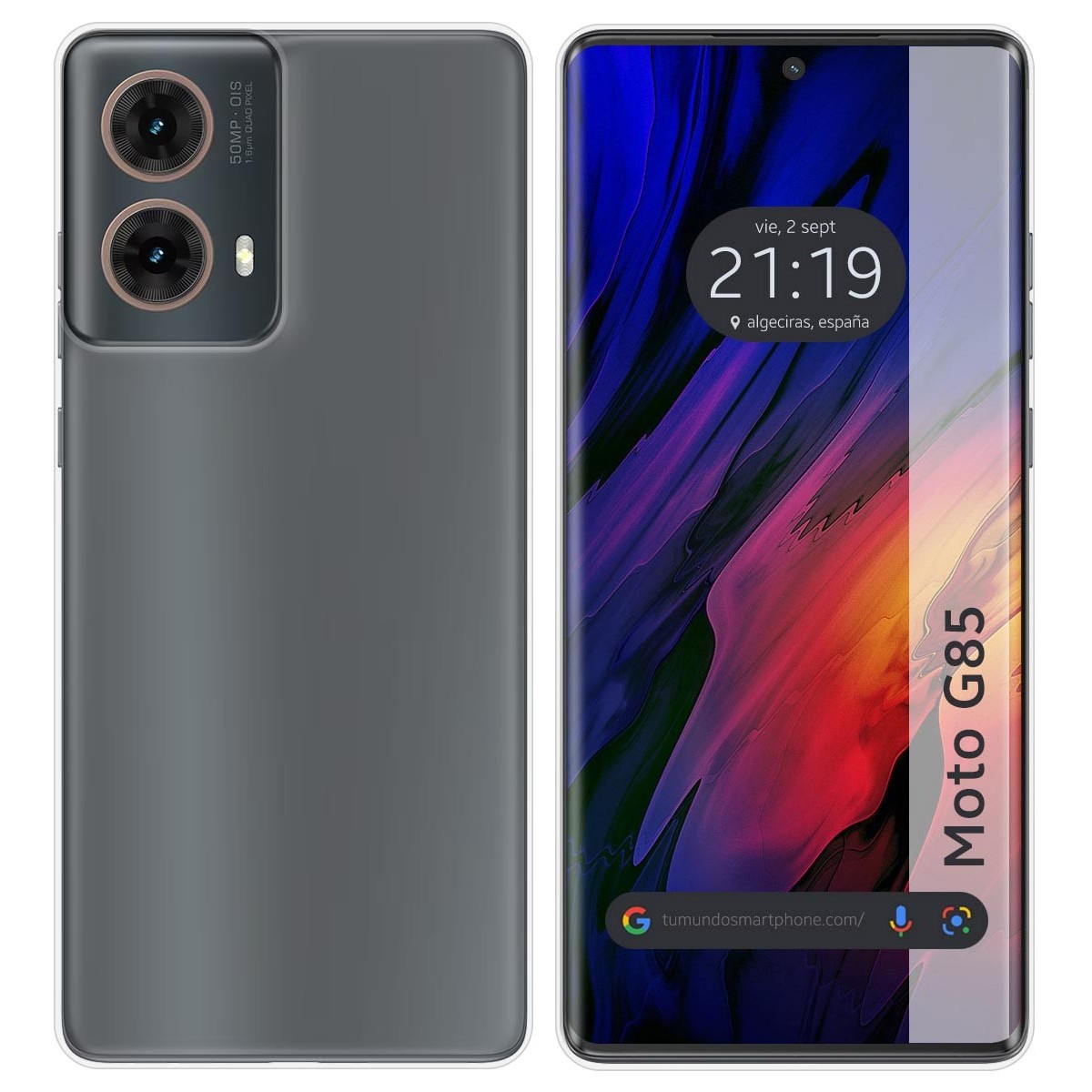 Telefono con retro grigio e schermo che mostra ora e data. Il telefono ha più fotocamere.